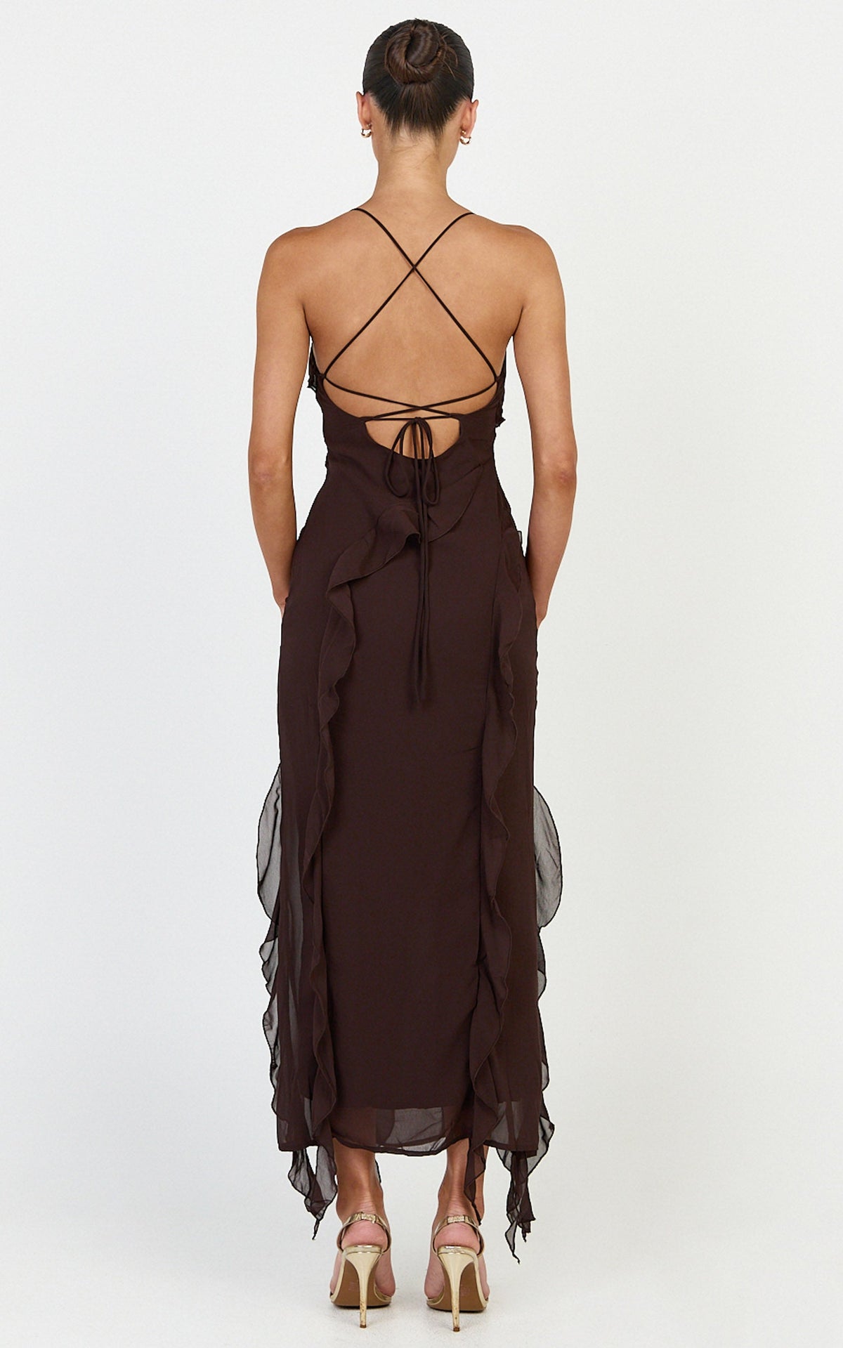Connie Midi Dress - Ruffle Detail Dress in Chocolate