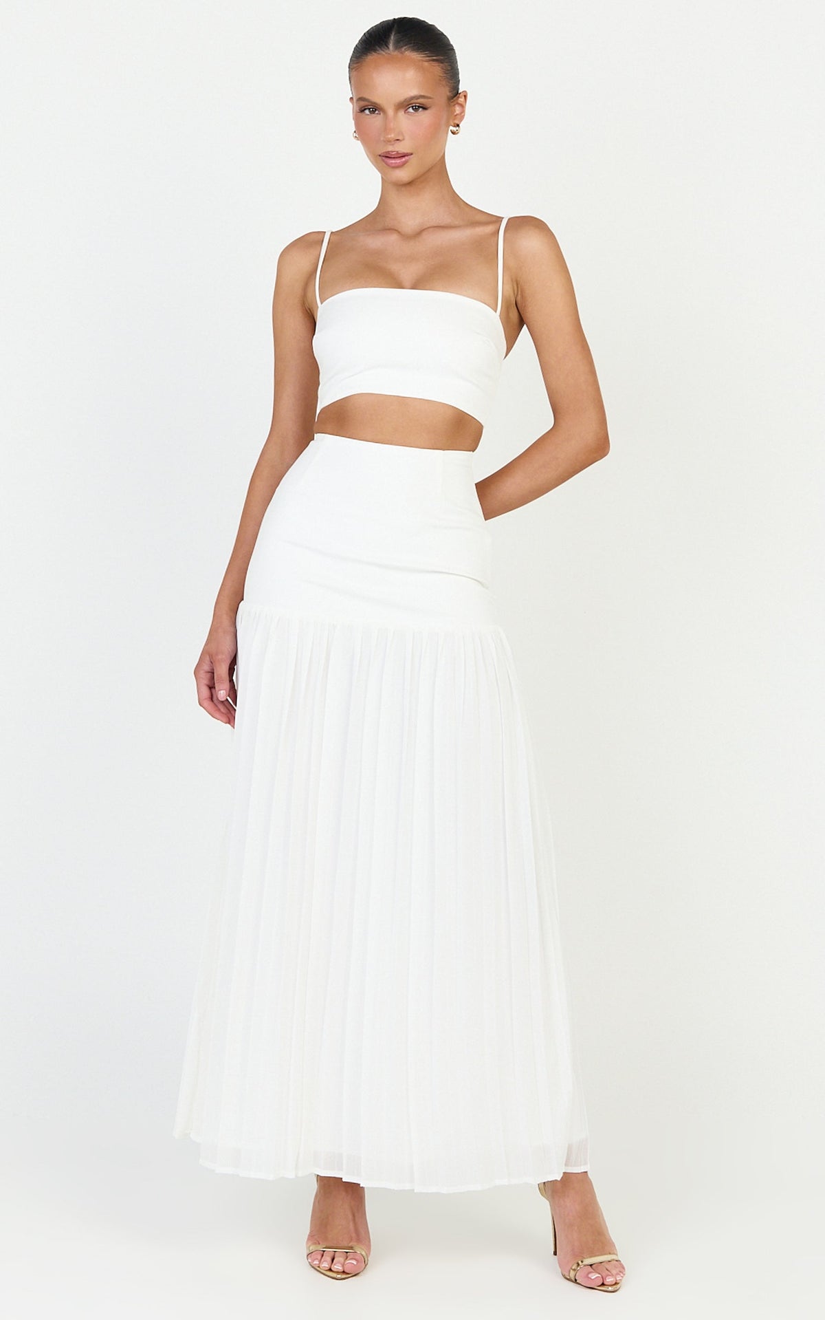 Rowan Two Piece Top and Skirt Set - Square Neck Crop Top and High Waist Pleated Maxi Skirt Set in Ivory