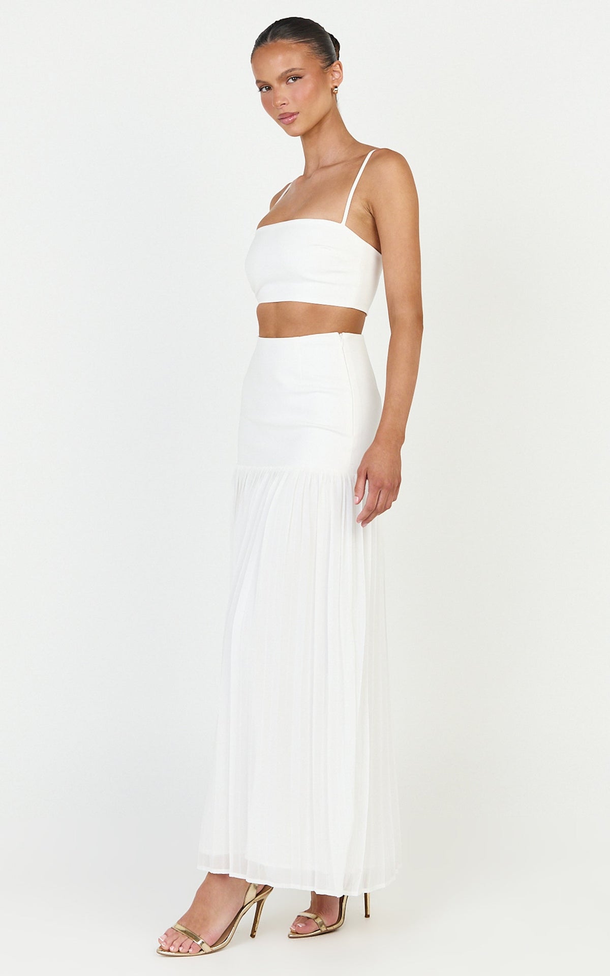 Rowan Two Piece Top and Skirt Set - Square Neck Crop Top and High Waist Pleated Maxi Skirt Set in Ivory