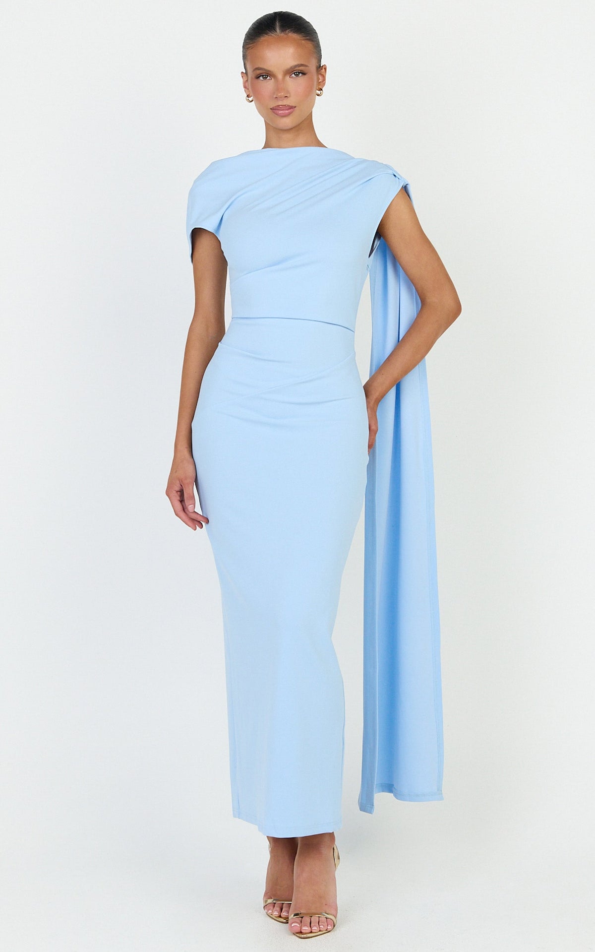 Visenta Midi Dress - Asymmetrical Sleeve Dress in Blue