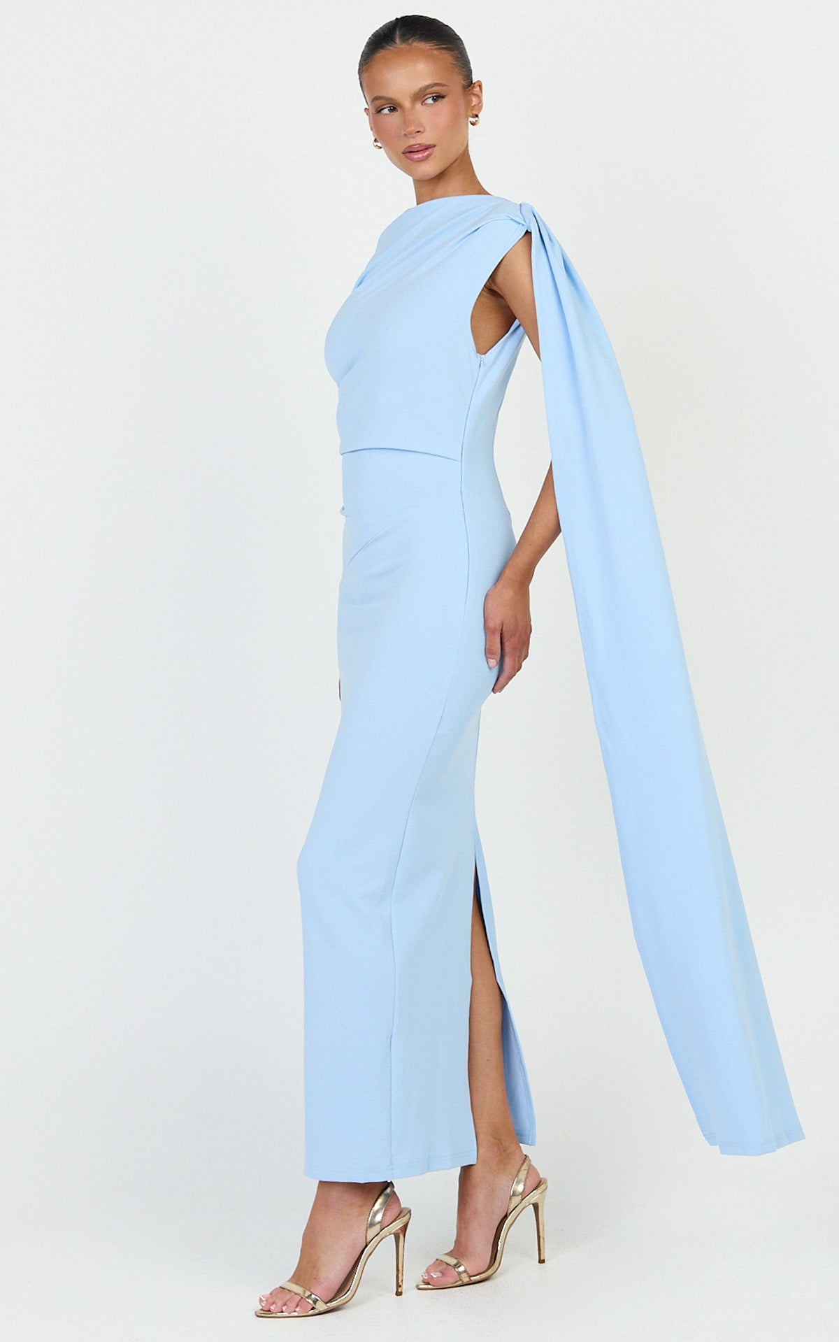 Visenta Midi Dress - Asymmetrical Sleeve Dress in Blue