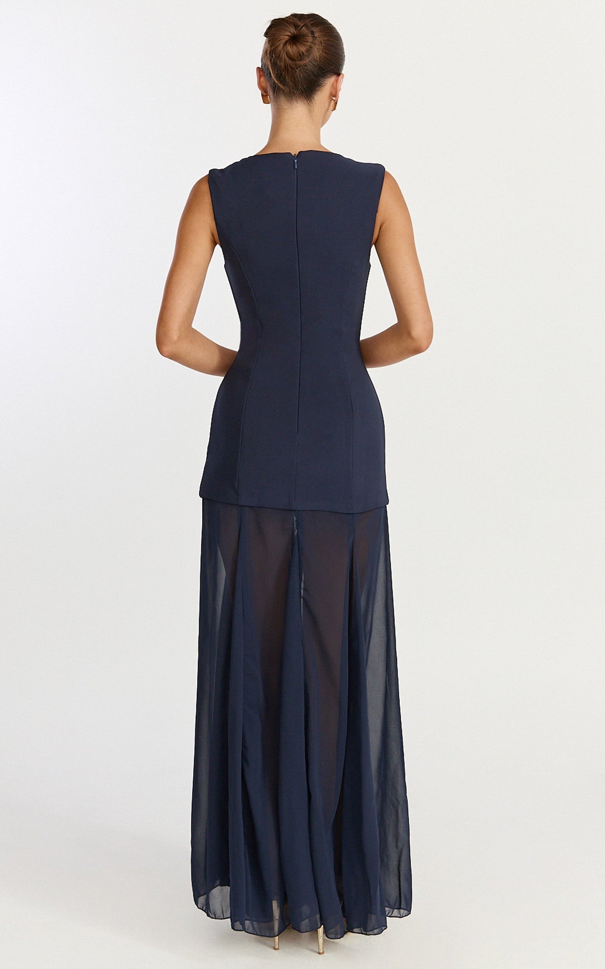 Frances Maxi Dress - Contrast U Neck Godet A Line Dress in Navy