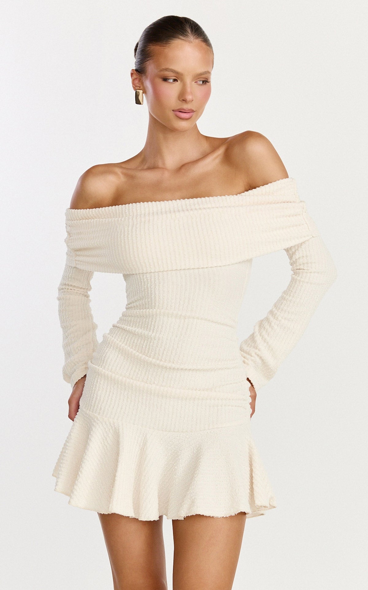 Maeve Mini Dress - Off Shoulder Long Sleeve Fit And Flare Mini Dress in Cream