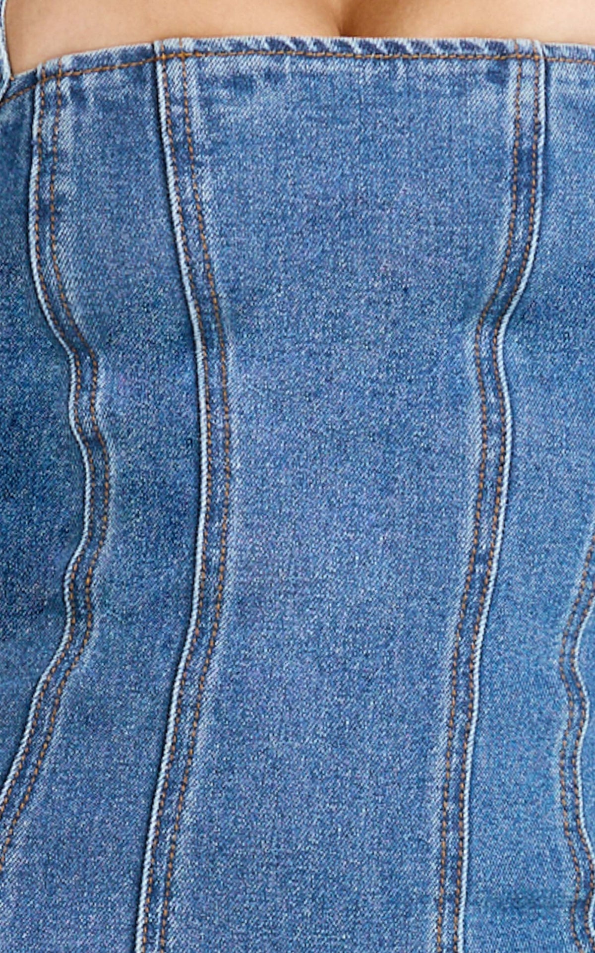 Skye Midi Dress - Halter Neck Panelled Denim Dress in Mid Blue Wash