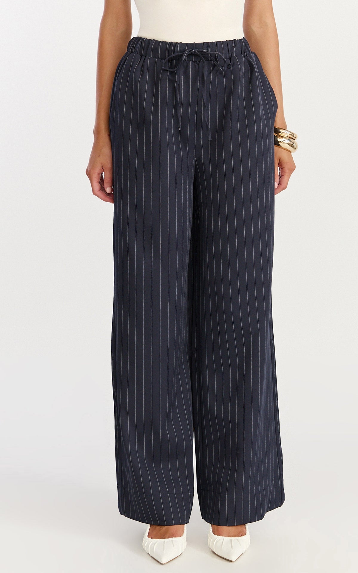Amara Pants - High Waist Wide Leg Stripe Pants in Navy