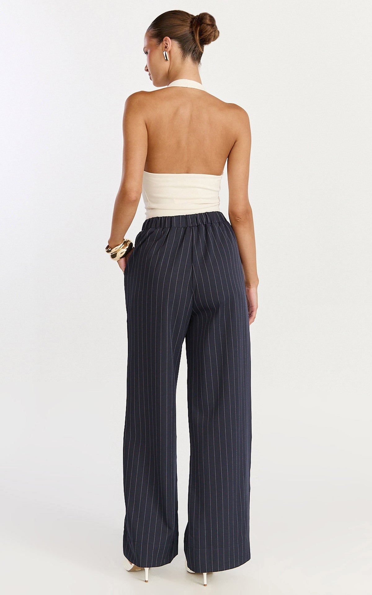 Amara Pants - High Waist Wide Leg Stripe Pants in Navy
