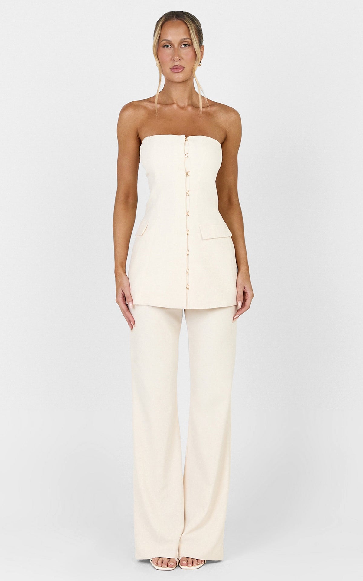 Seina Two Piece Top and Pants Set - Strapless Long Line Top And Low Waisted Tapered Pants Set in Off White