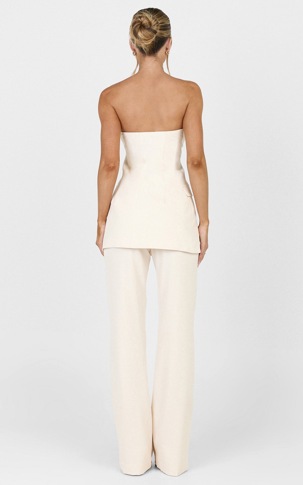 Seina Two Piece Top and Pants Set - Strapless Long Line Top And Low Waisted Tapered Pants Set in Off White