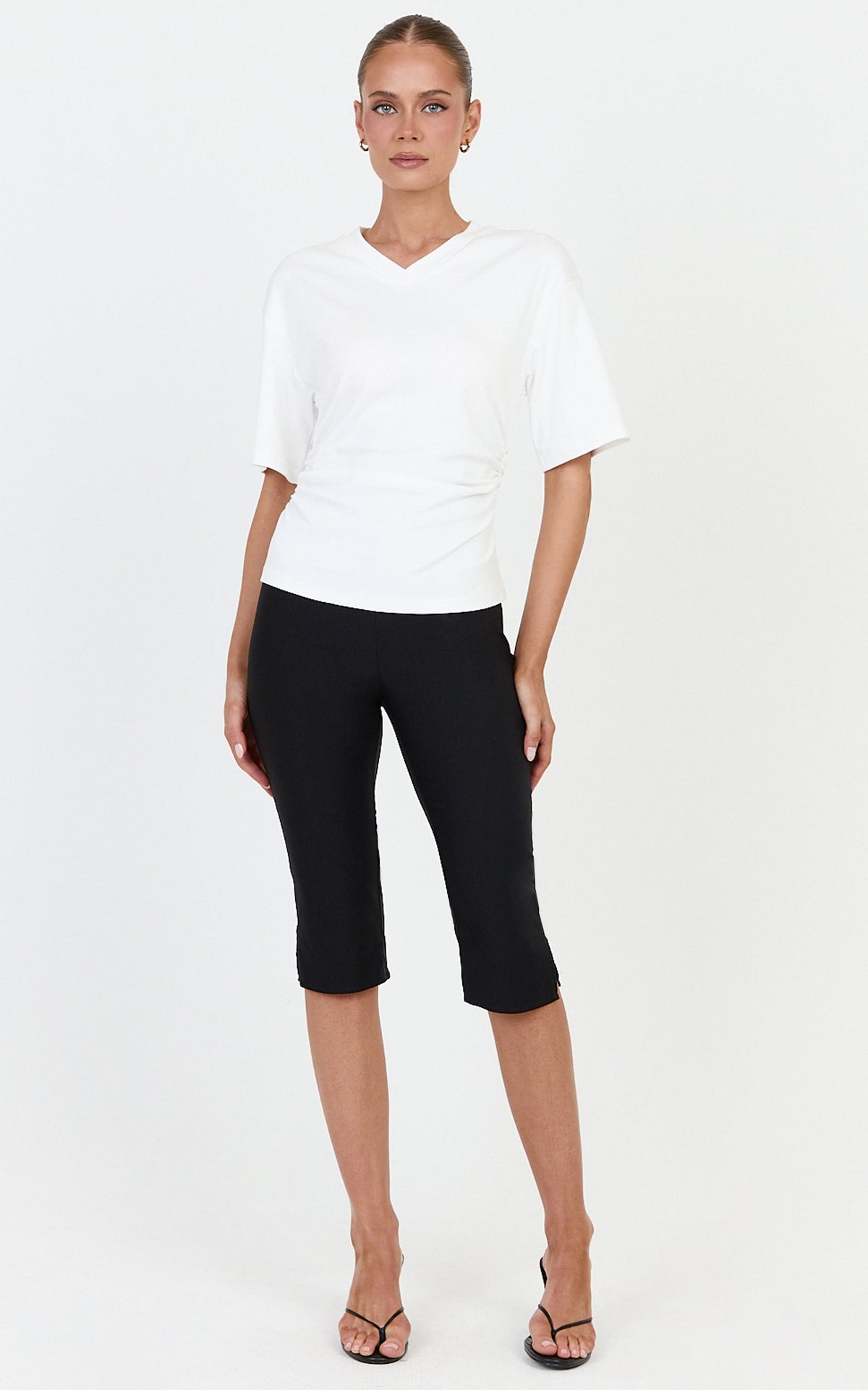 Riva Top - Cotton V Neck Cinched Waist T Shirt in Off White