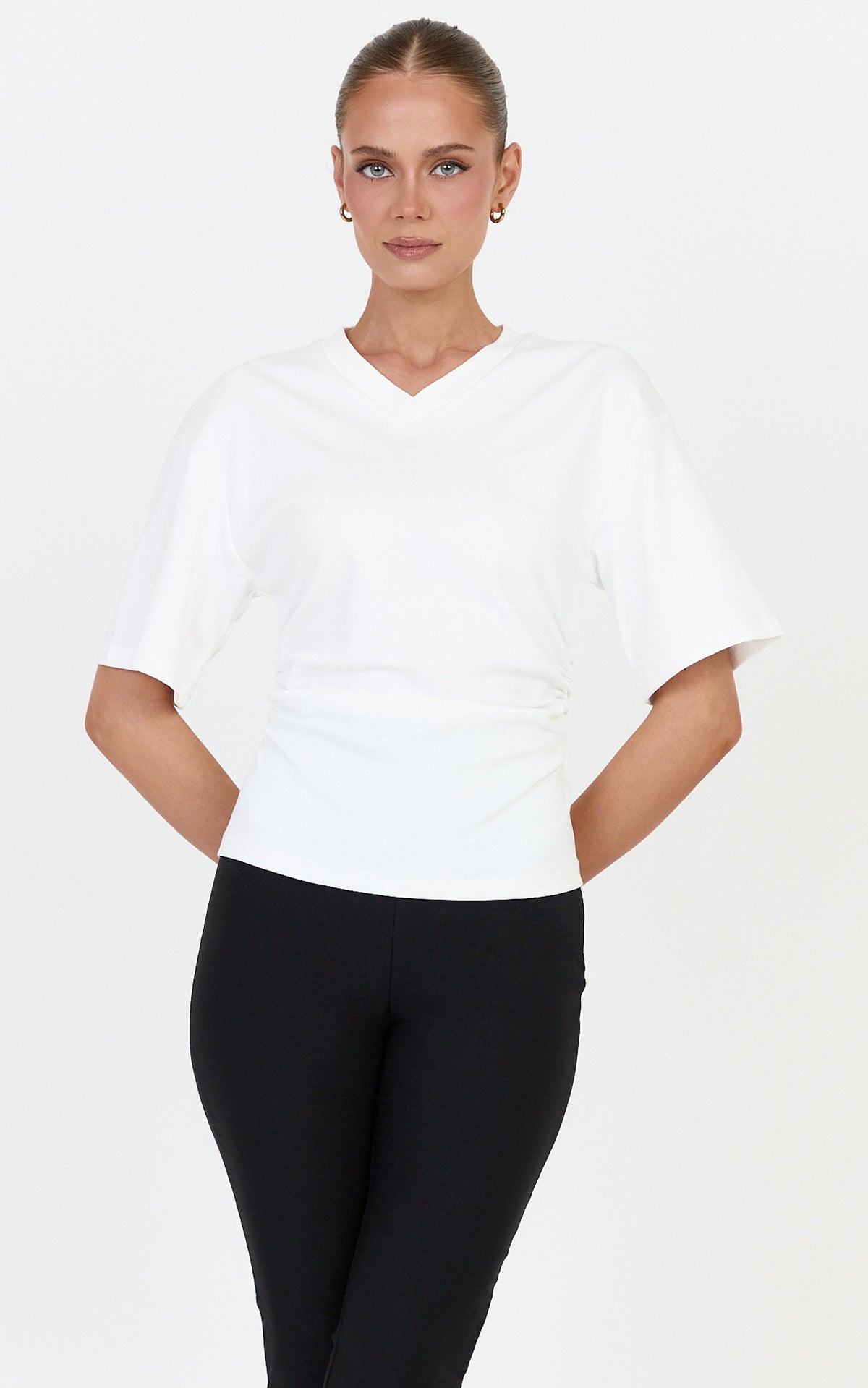 Riva Top - Cotton V Neck Cinched Waist T Shirt in Off White