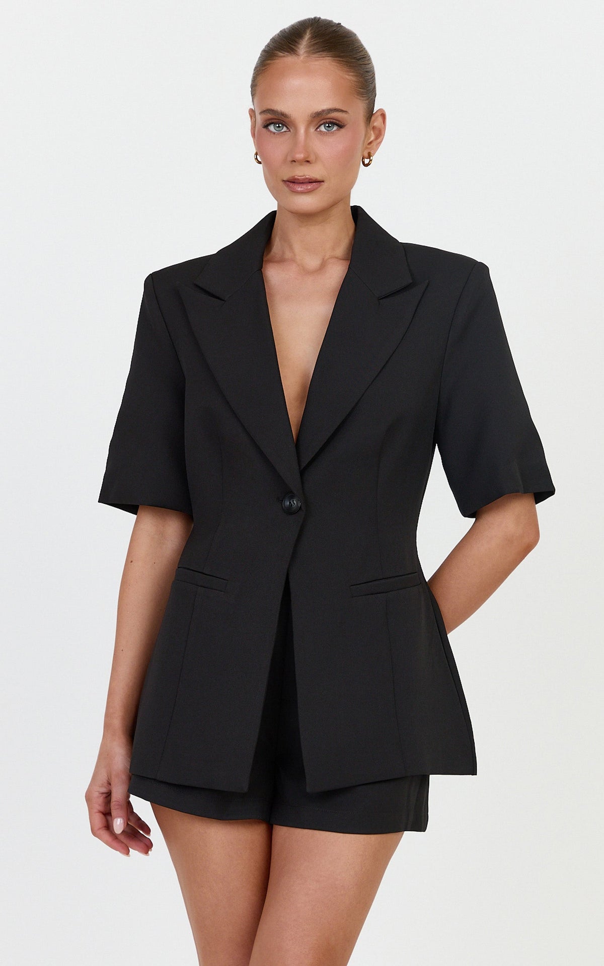 Eleanor Two Piece Top and Shorts Set - Short Sleeve Blazer Top and Tailored Short Set in Black