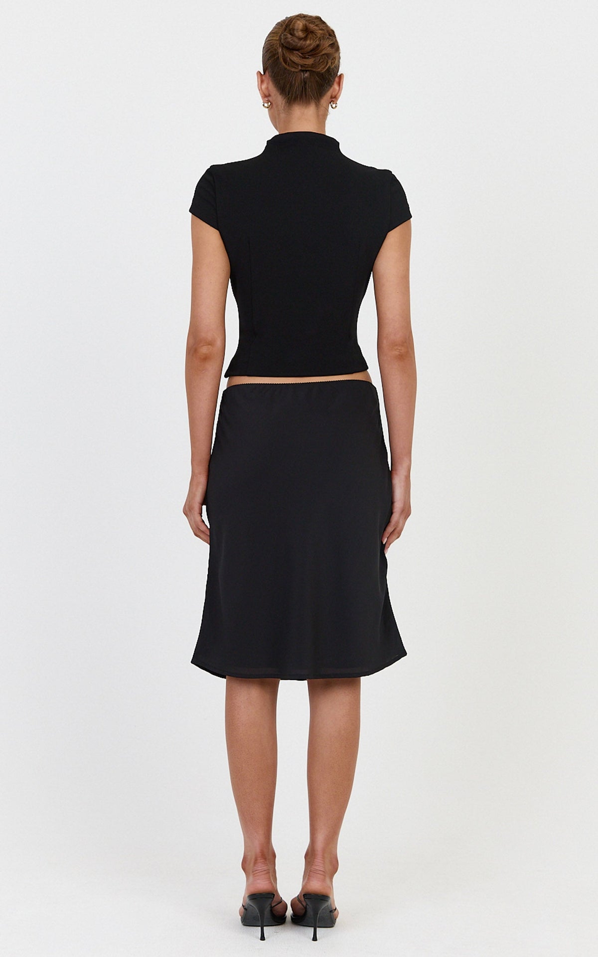 Bryonie Midi Skirt - Mid Waist Knee Length Bias Cut Skirt in Black
