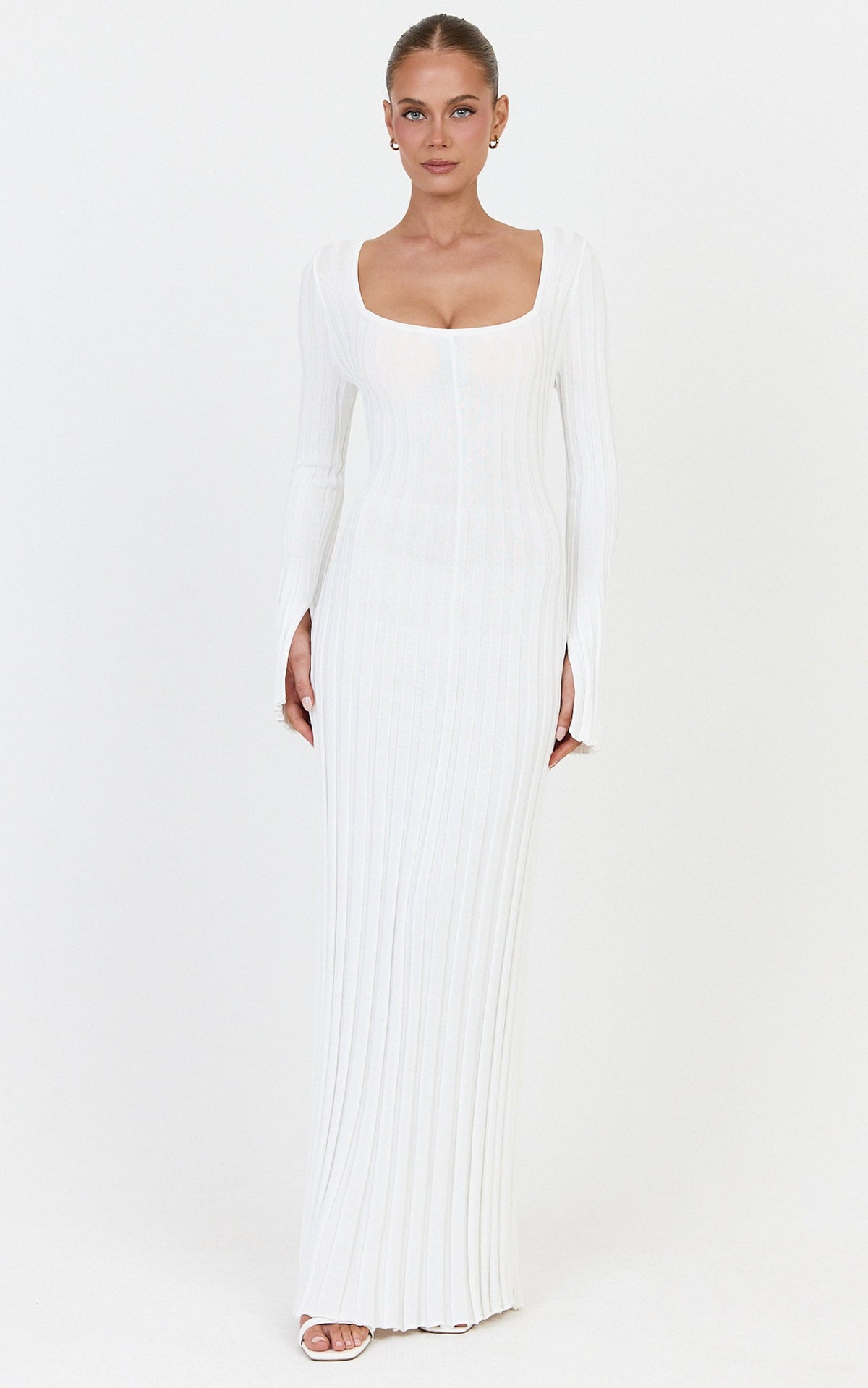 Alex Maxi Dress - Long Sleeve Square Neck Knit Dress in White