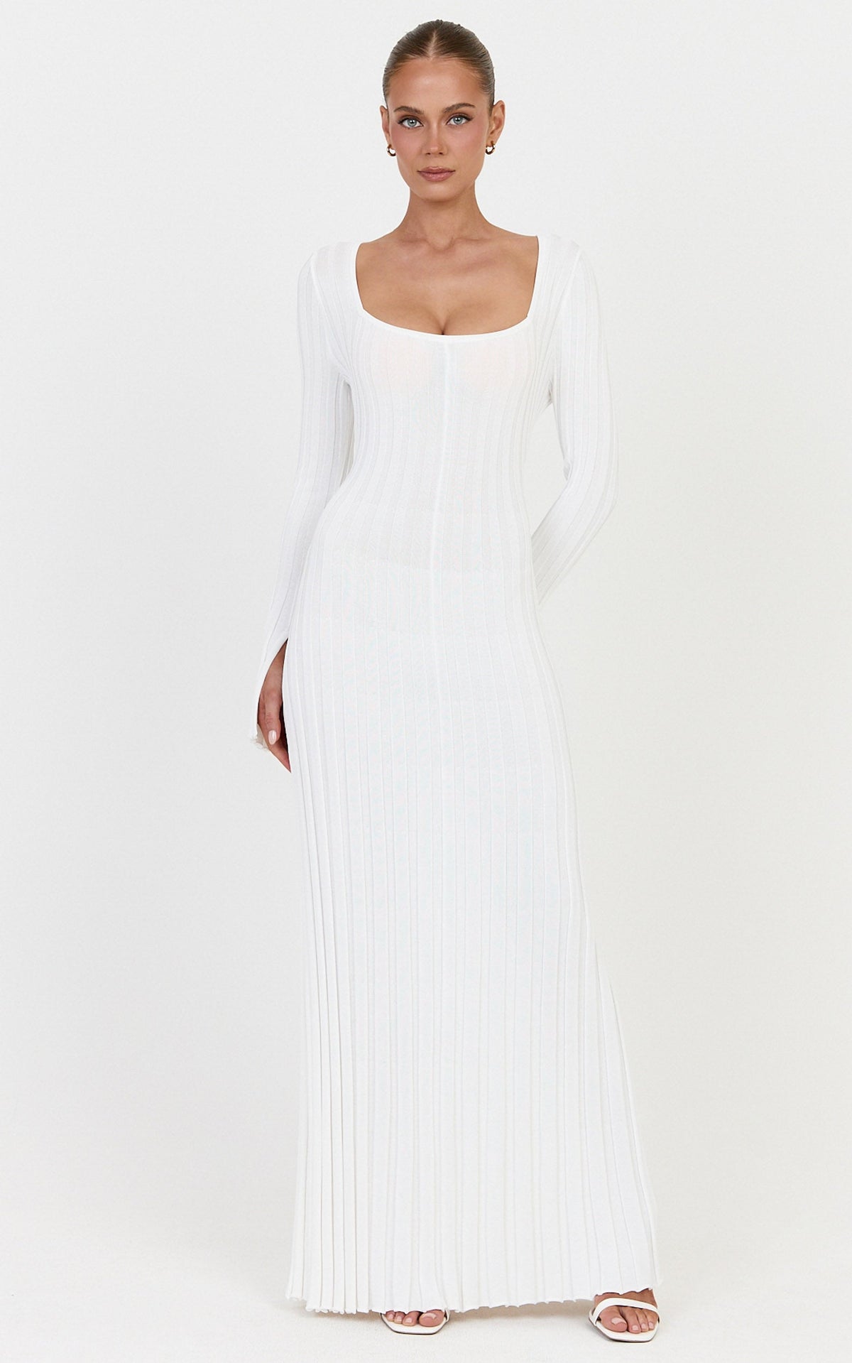 Alex Maxi Dress - Long Sleeve Square Neck Knit Dress in White