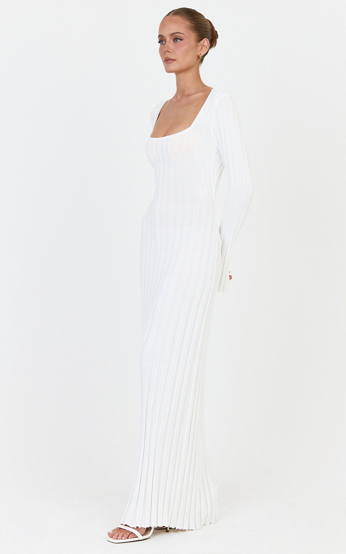 Alex Maxi Dress - Long Sleeve Square Neck Knit Dress in White