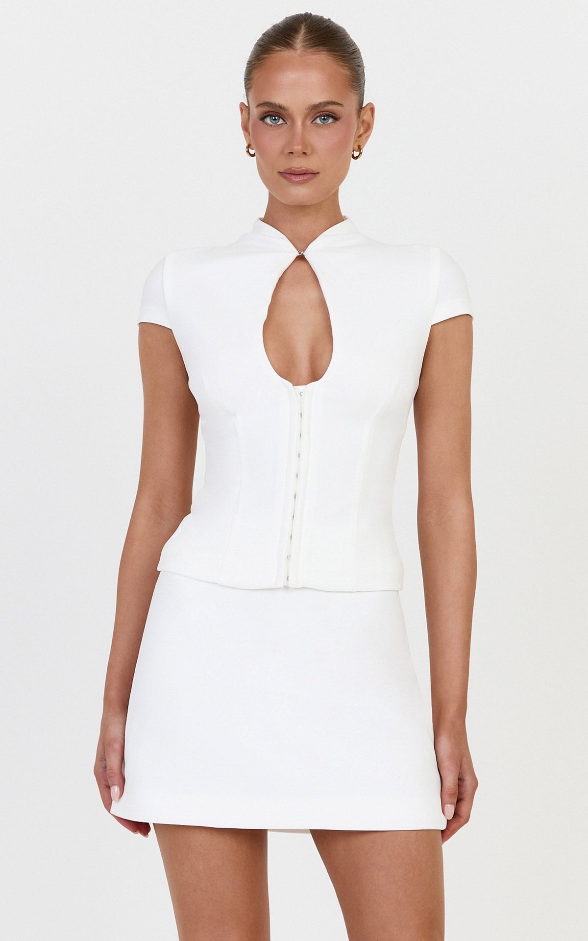 Briony Top - High Neck Keyhole Cap Sleeve Top in White