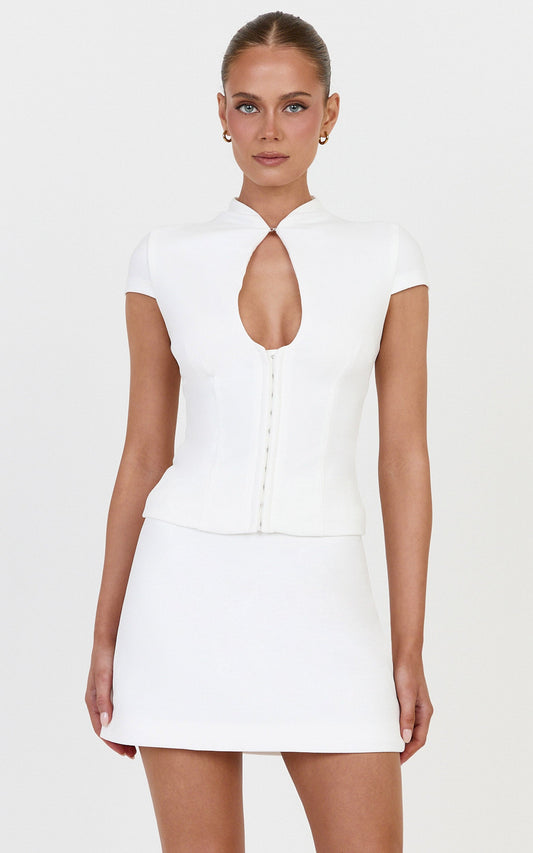 Briony Top - High Neck Keyhole Cap Sleeve Top in White