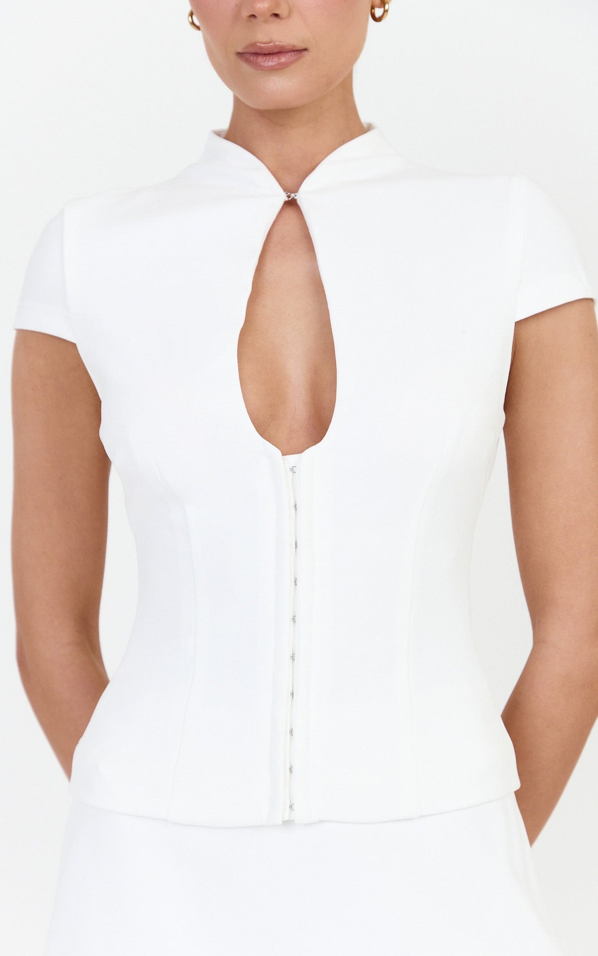 Briony Top - High Neck Keyhole Cap Sleeve Top in White