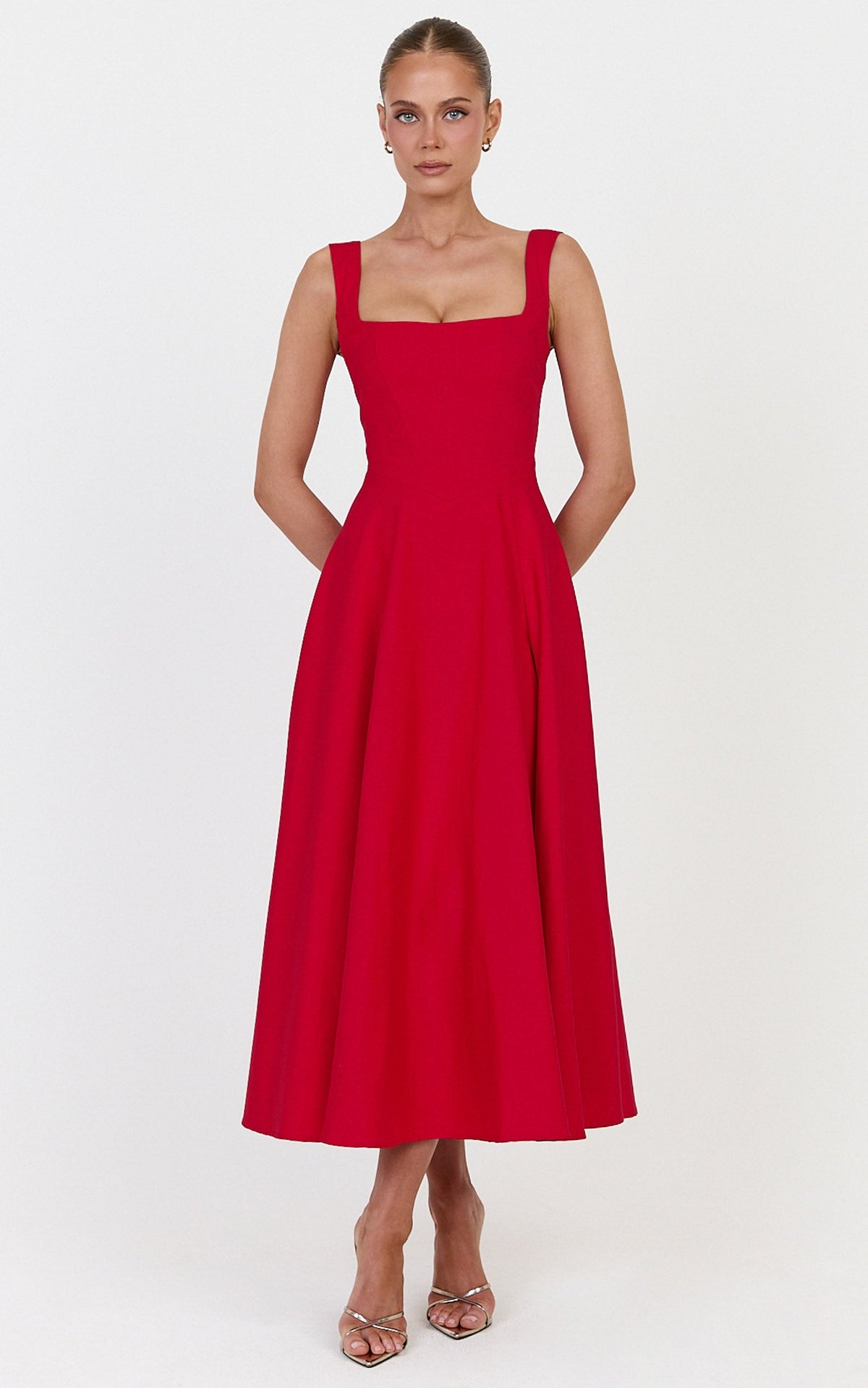 Bernie Midi Dress - Square Neck Strapped Full Circle Skirt Dress in Red