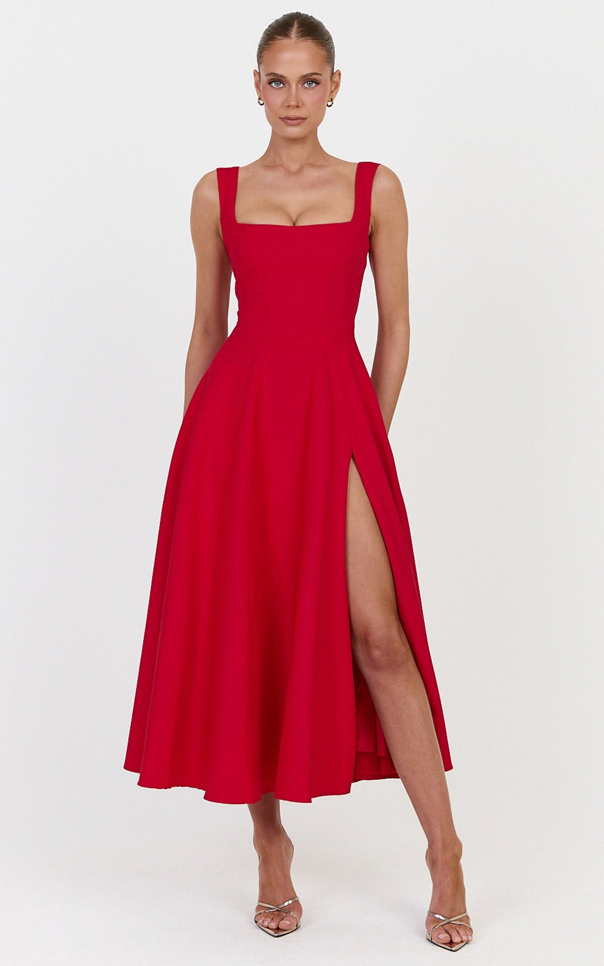 Bernie Midi Dress - Square Neck Strapped Full Circle Skirt Dress in Red