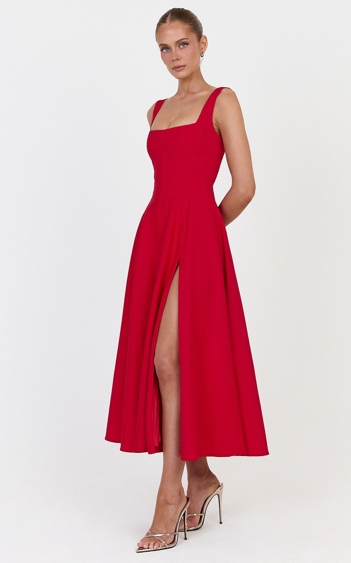 Bernie Midi Dress - Square Neck Strapped Full Circle Skirt Dress in Red
