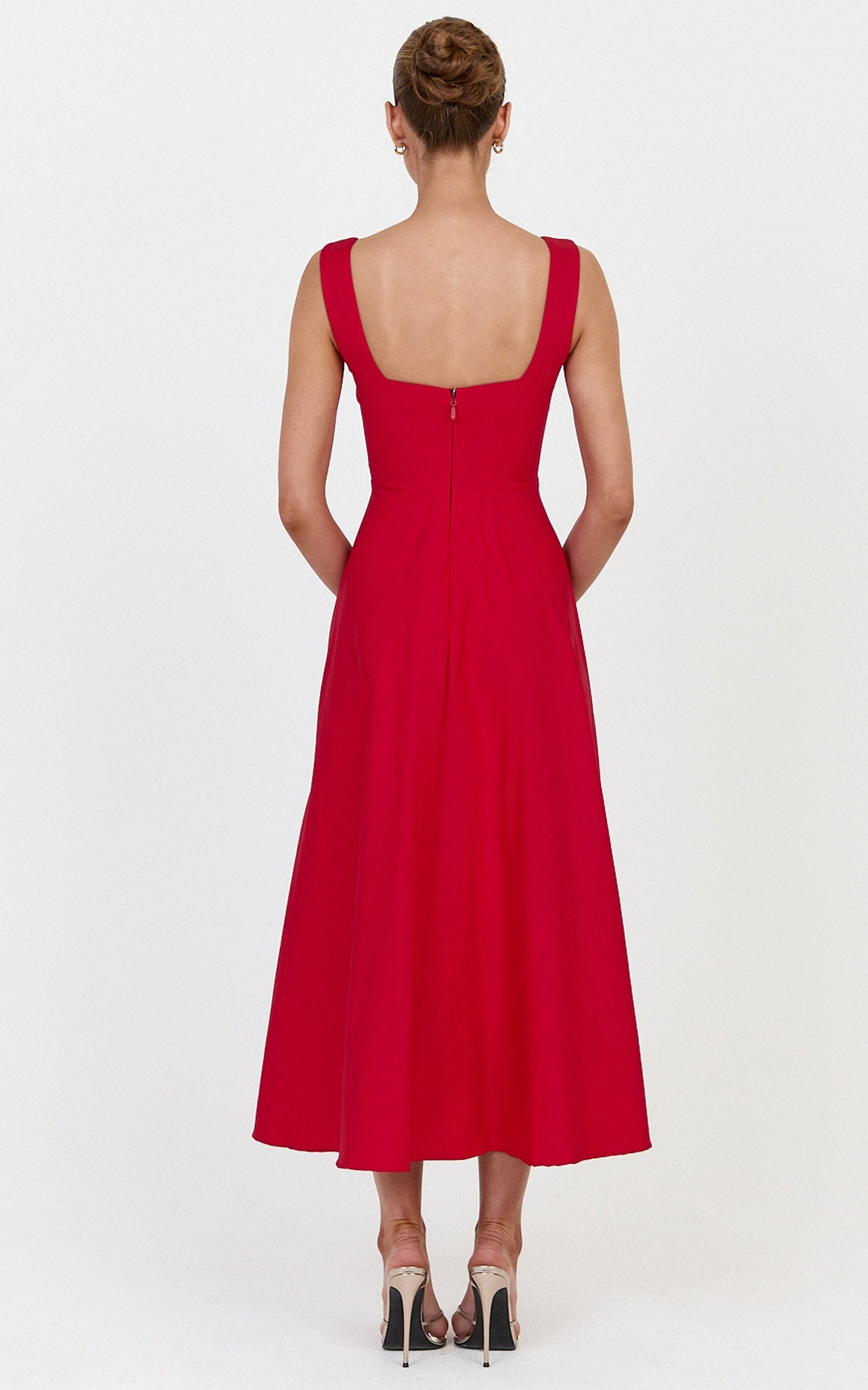Bernie Midi Dress - Square Neck Strapped Full Circle Skirt Dress in Red