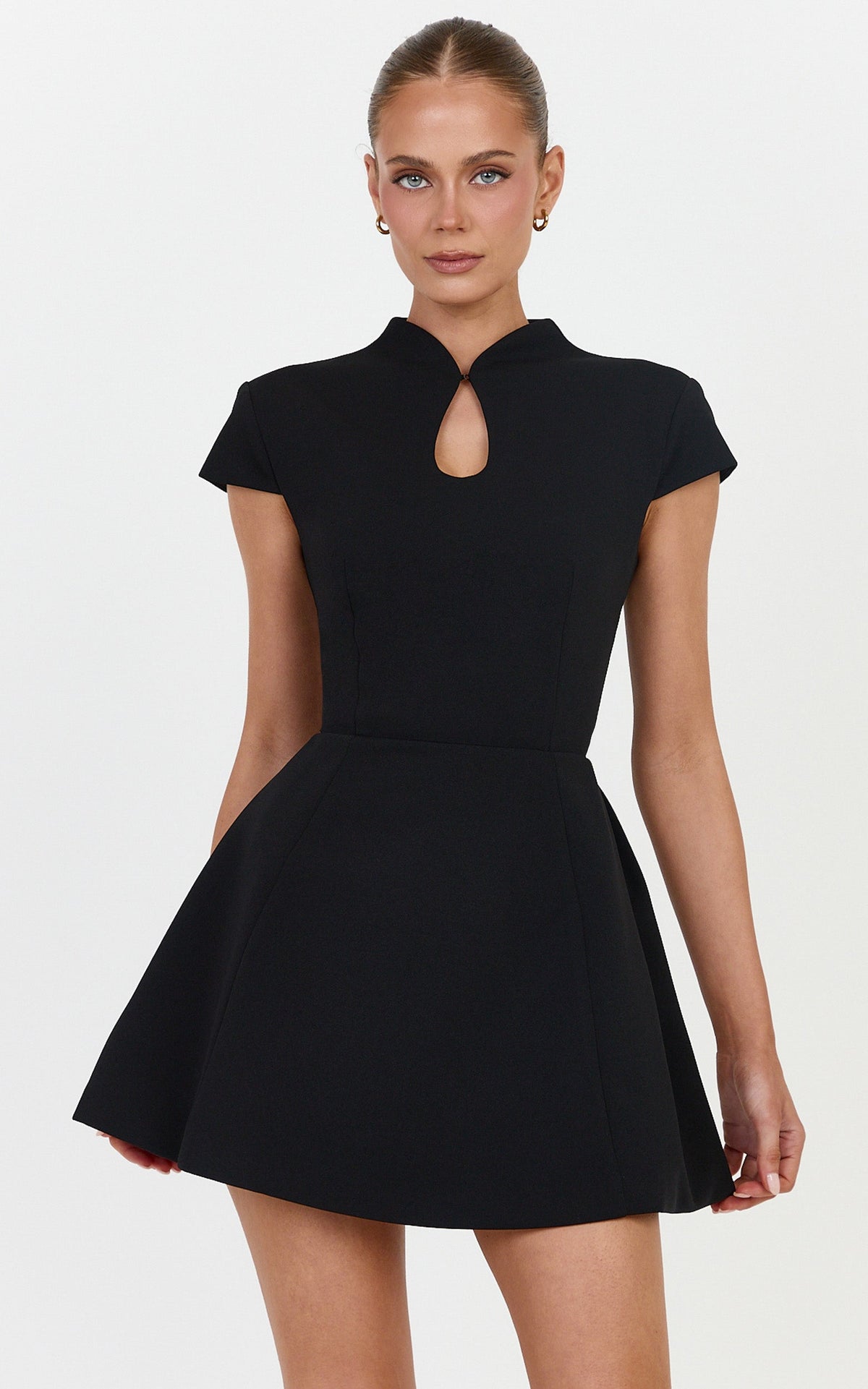 Bonnita Mini Dress - Fit And Flare Cap Sleeve Dress With Keyhole Cutout Detail in Black