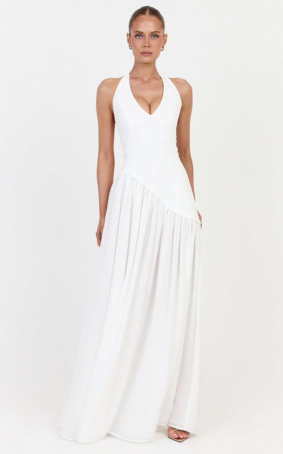 Calla Maxi Dress - Halter Neck Asymmetric Dropped Waist Dress in White