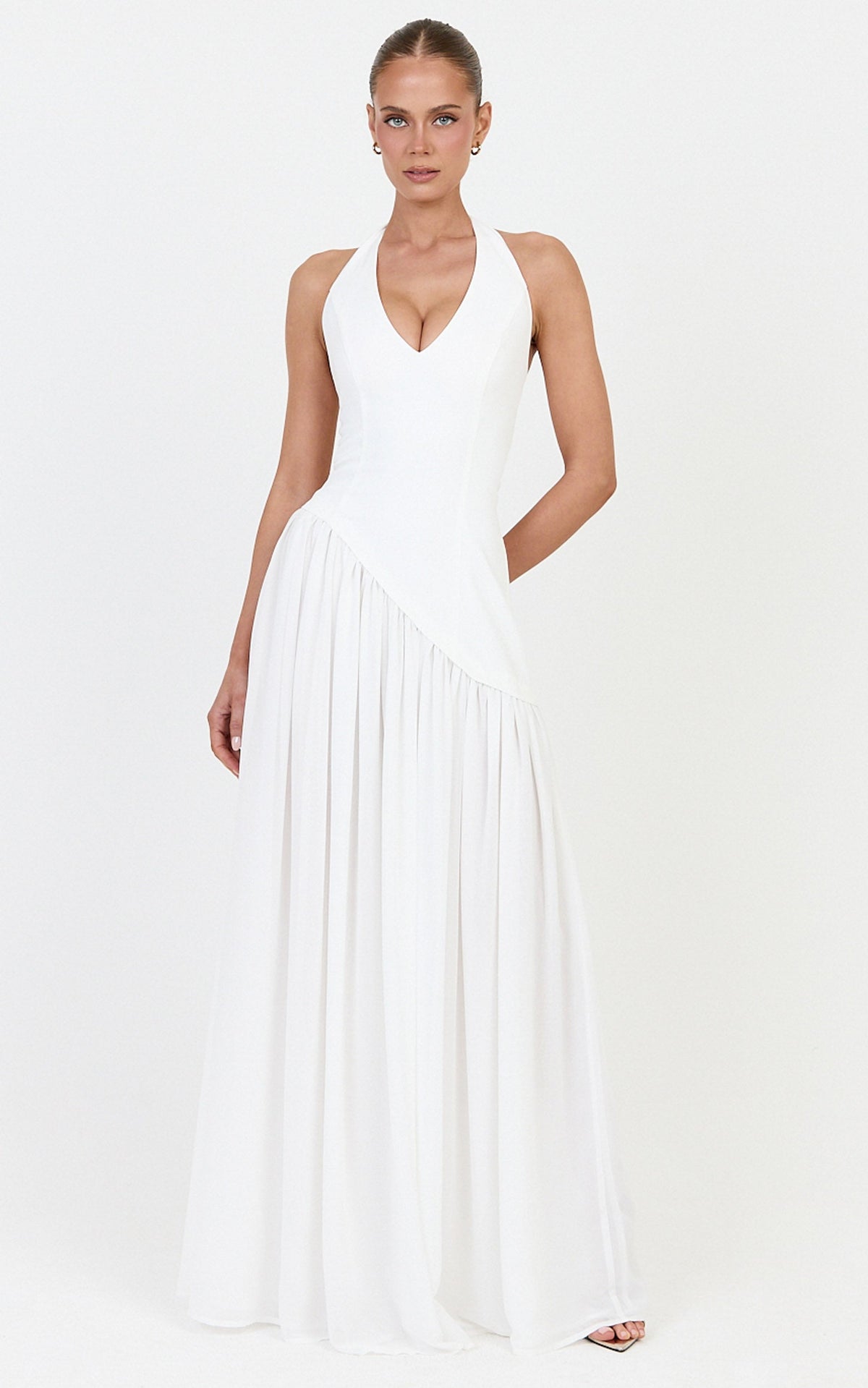 Calla Maxi Dress - Halter Neck Asymmetric Dropped Waist Dress in White
