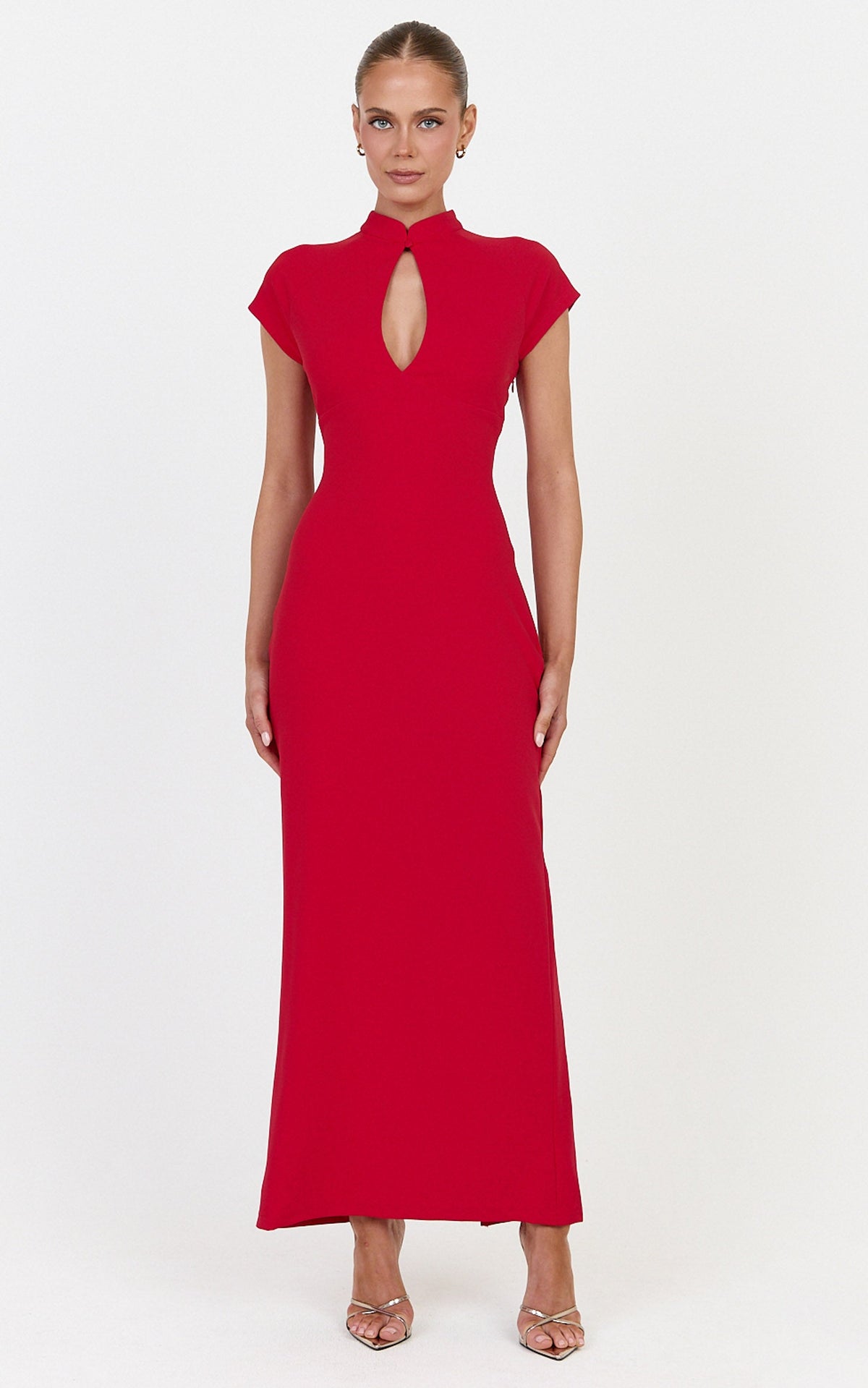 Cassienne Midi Dress - High Neck Keyhole Cut Out Bodycon Midi Dress in Red