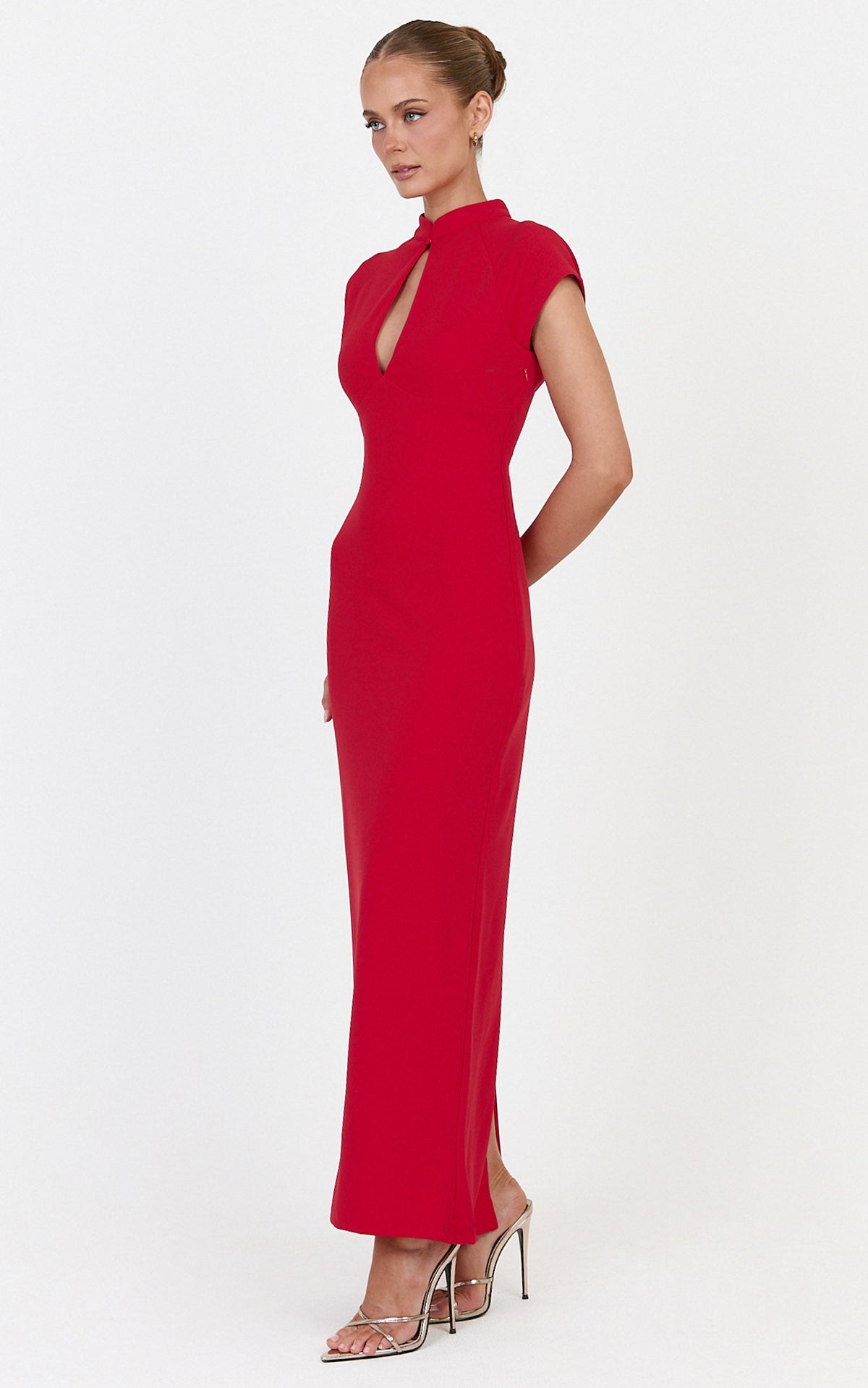 Cassienne Midi Dress - High Neck Keyhole Cut Out Bodycon Midi Dress in Red