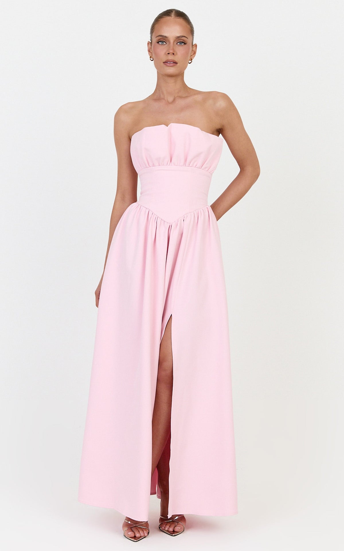 Juno Maxi Dress - Strapless Structured Ruffle Fit And Flare Dress in Ice Baby Pink