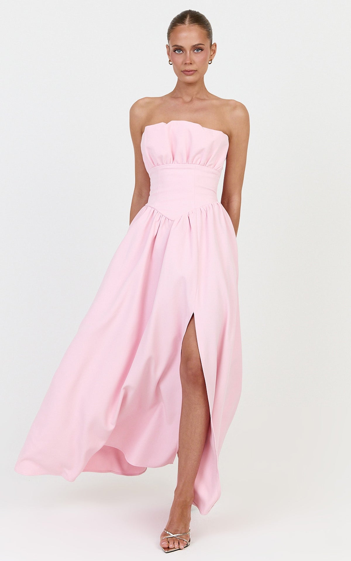 Juno Maxi Dress - Strapless Structured Ruffle Fit And Flare Dress in Ice Baby Pink