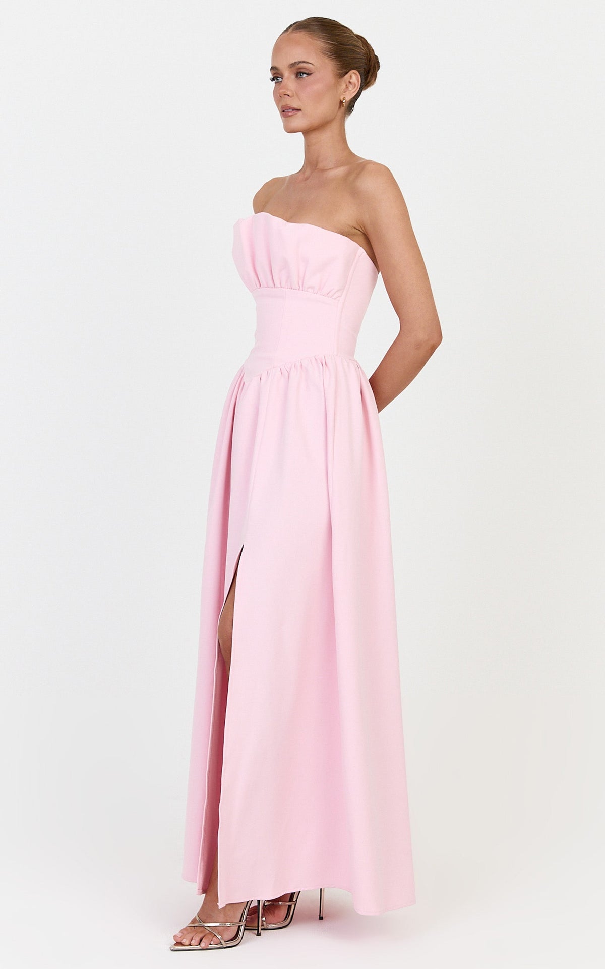 Juno Maxi Dress - Strapless Structured Ruffle Fit And Flare Dress in Ice Baby Pink