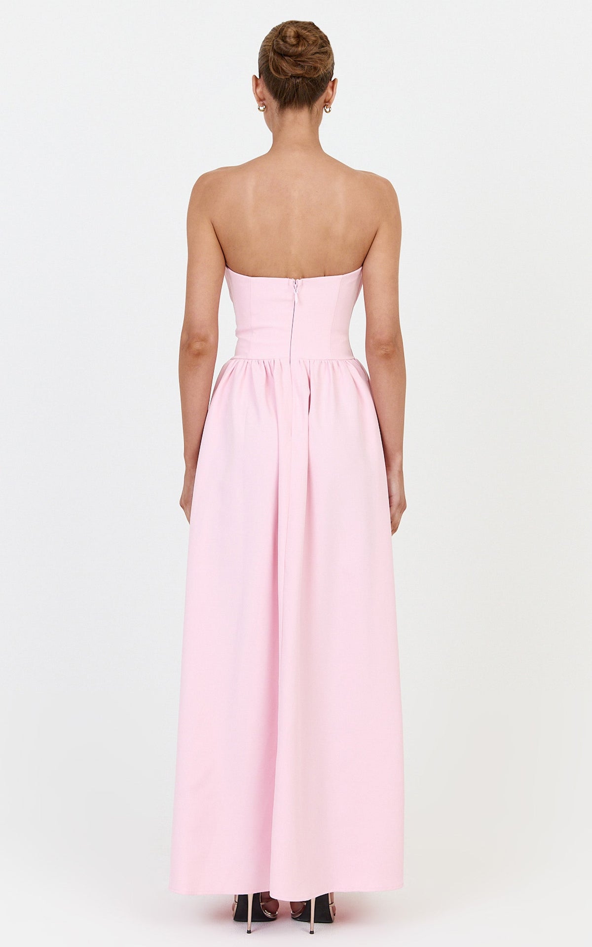 Juno Maxi Dress - Strapless Structured Ruffle Fit And Flare Dress in Ice Baby Pink