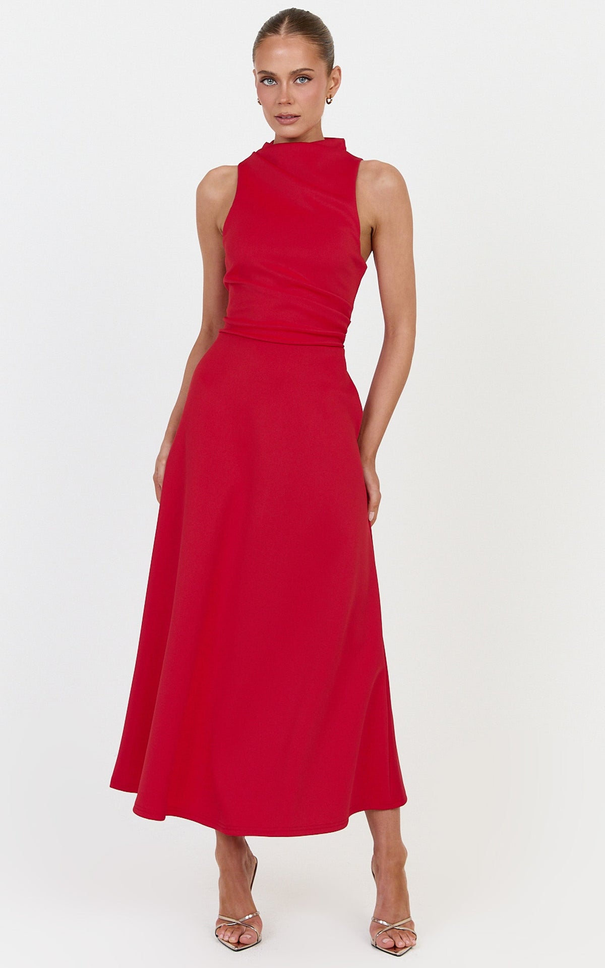 Macy Midi Dress - High Neck A Line Dress in Red