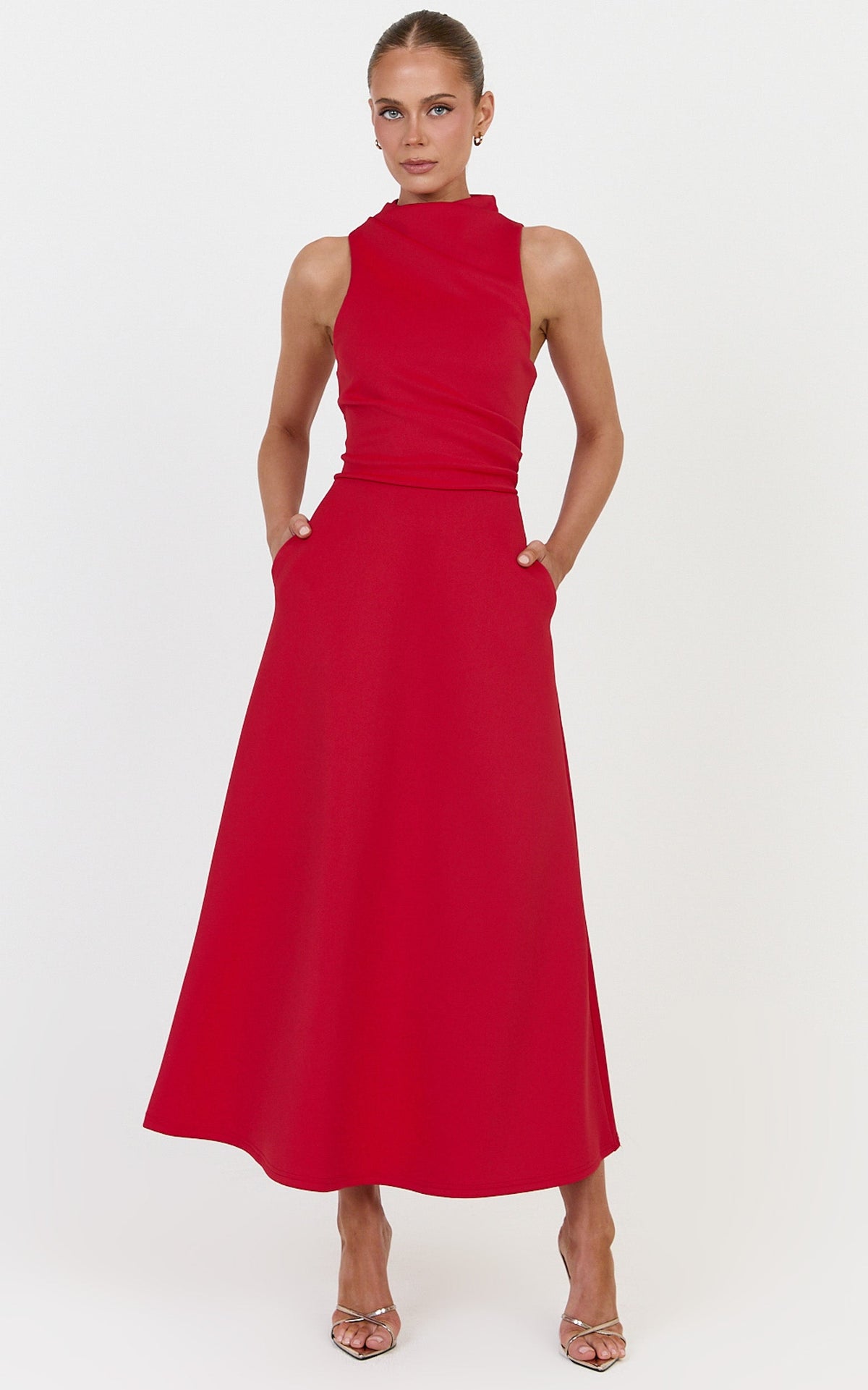 Macy Midi Dress - High Neck A Line Dress in Red