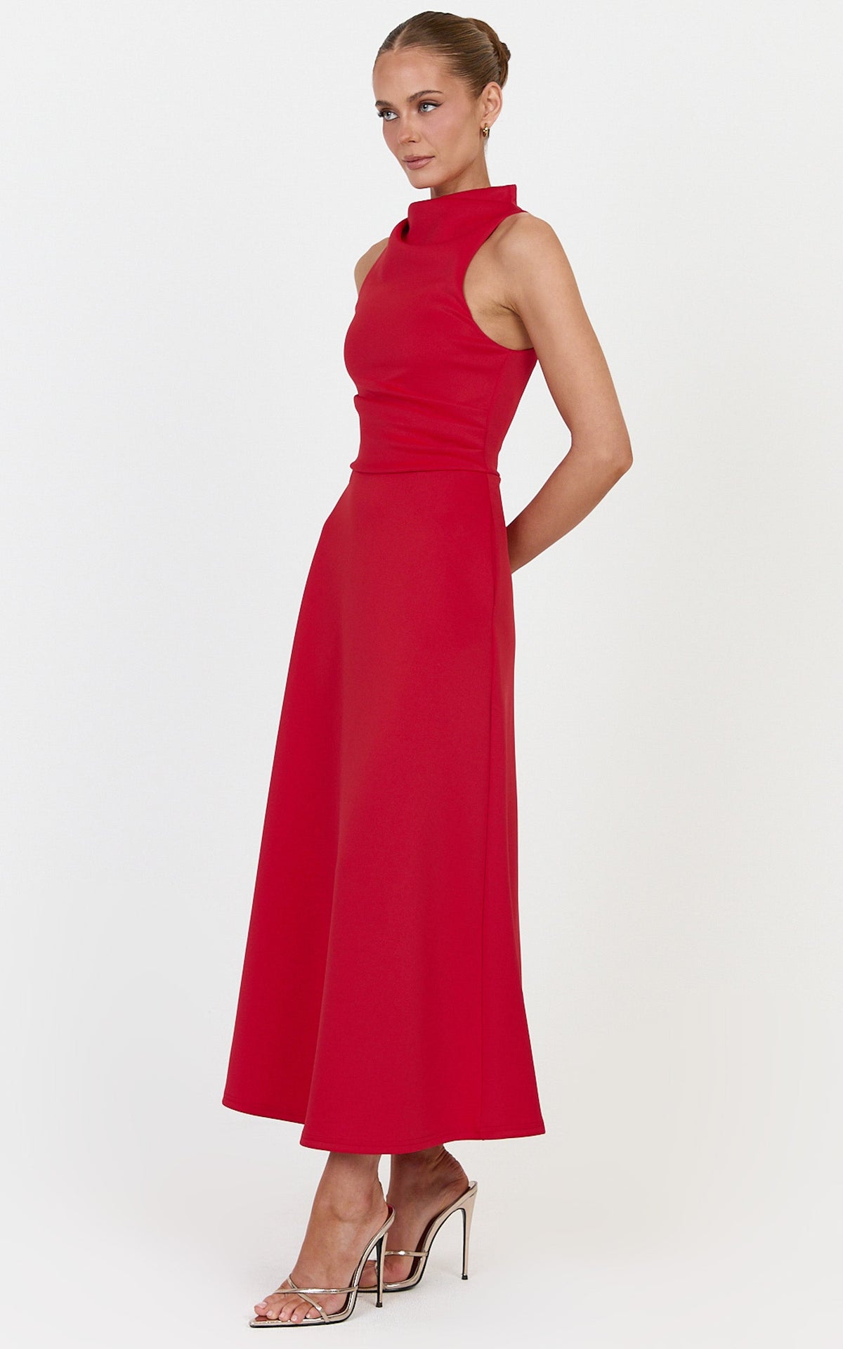 Macy Midi Dress - High Neck A Line Dress in Red