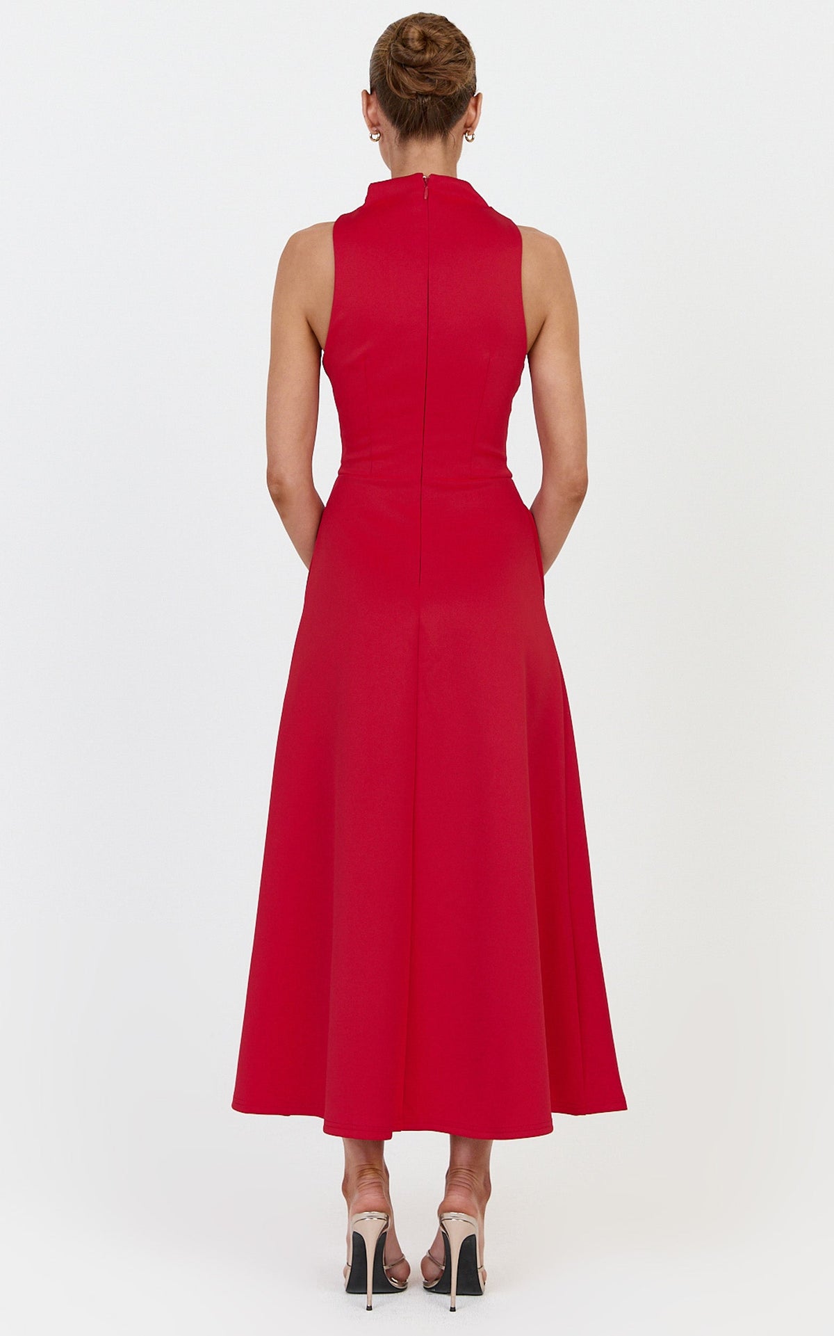 Macy Midi Dress - High Neck A Line Dress in Red