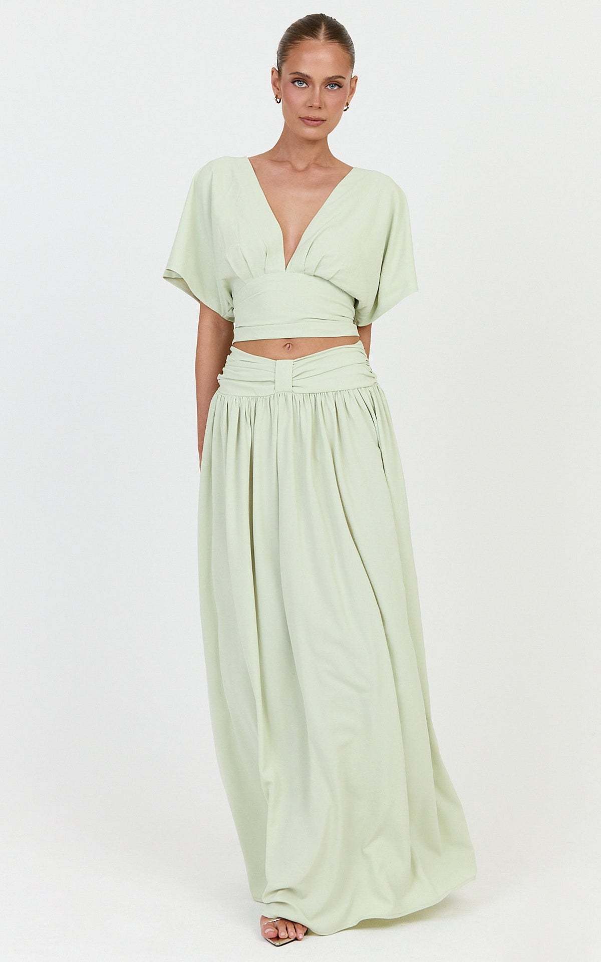Jade Maxi Skirt - Knot Front Gathered Skirt in Pistachio
