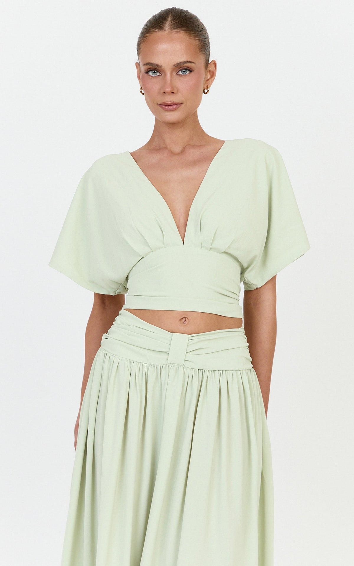 Jade Top - Wide Sleeve Plunge V Neck Tie Back Top in Pistachio