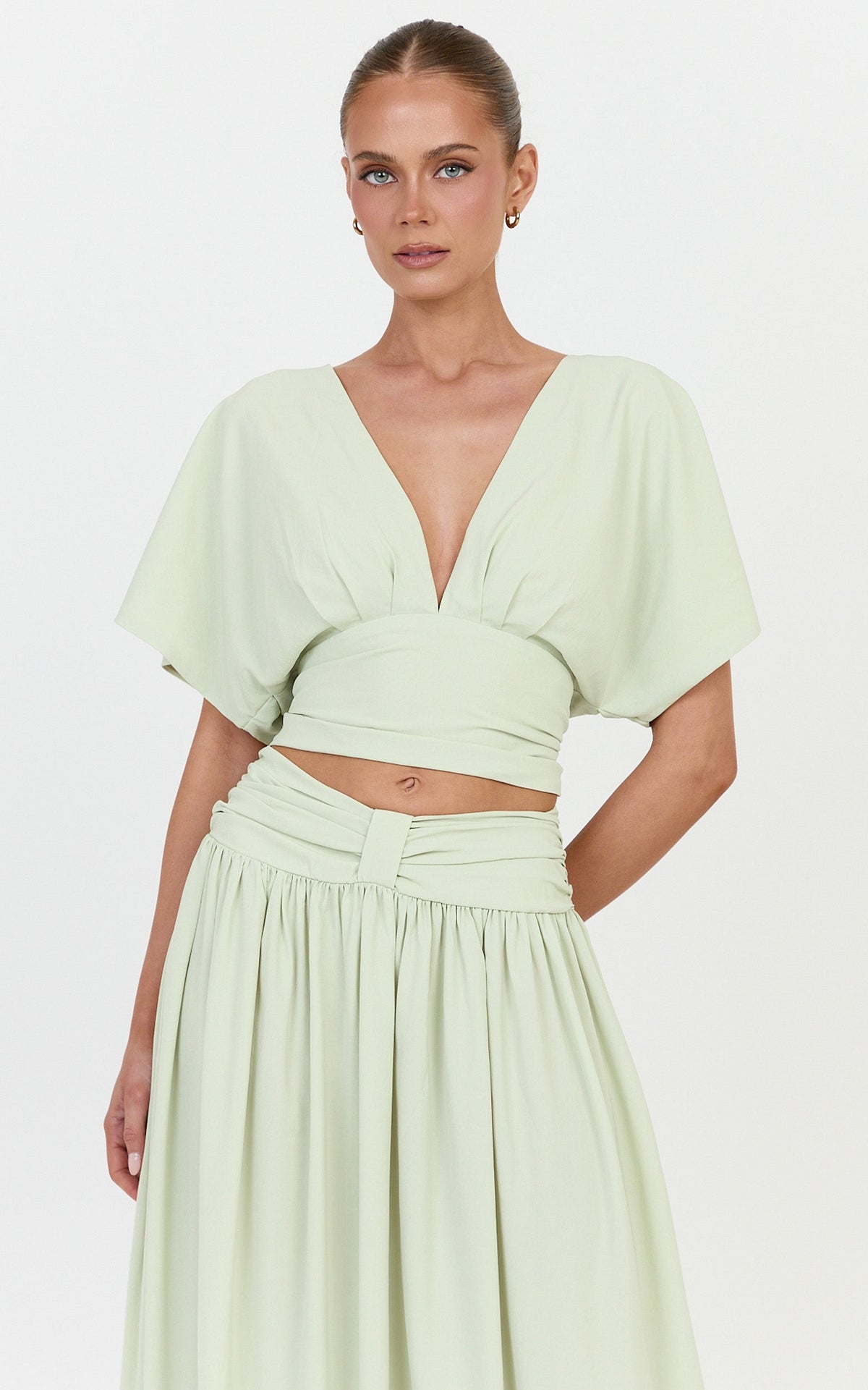 Jade Top - Wide Sleeve Plunge V Neck Tie Back Top in Pistachio