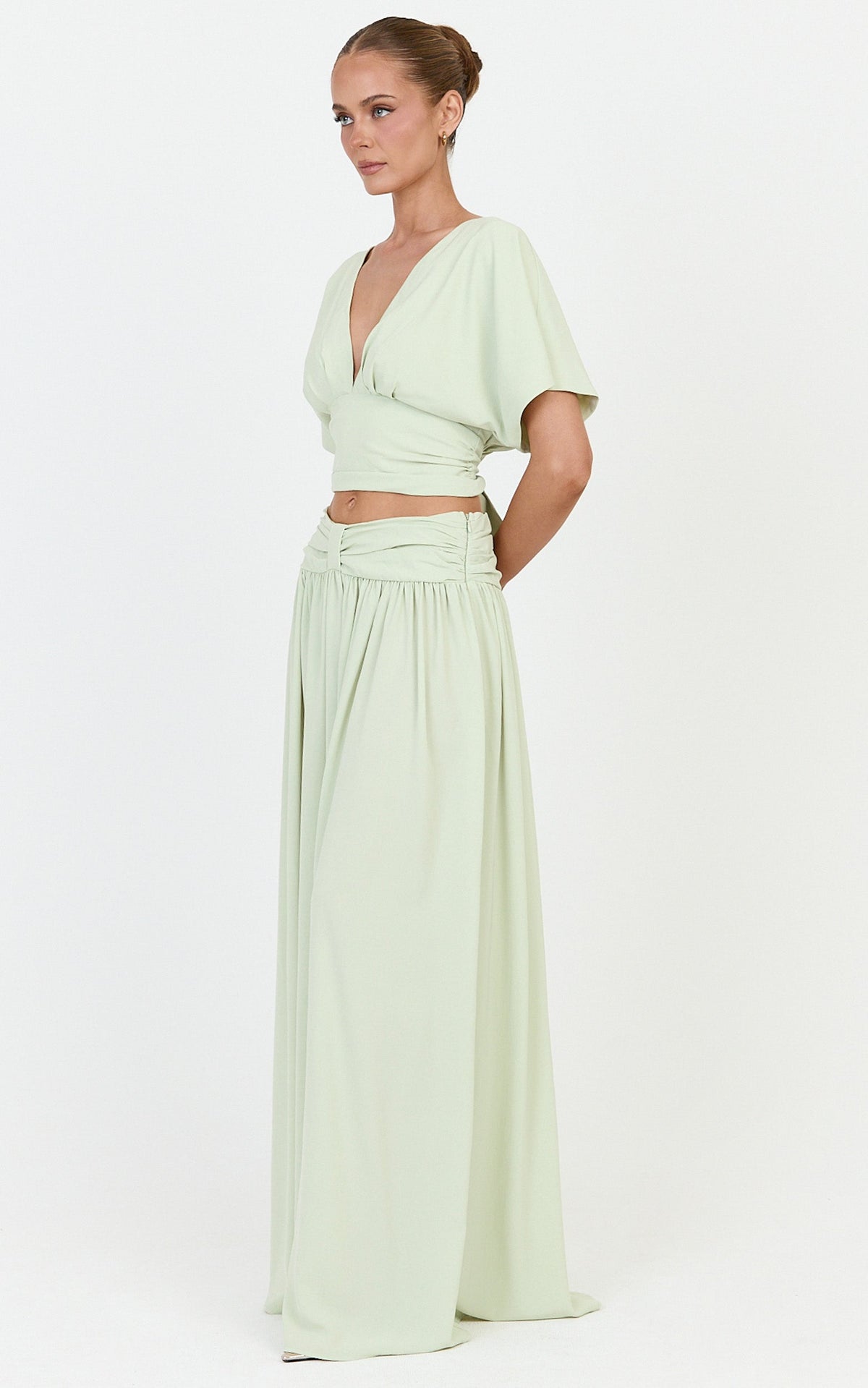 Jade Top - Wide Sleeve Plunge V Neck Tie Back Top in Pistachio