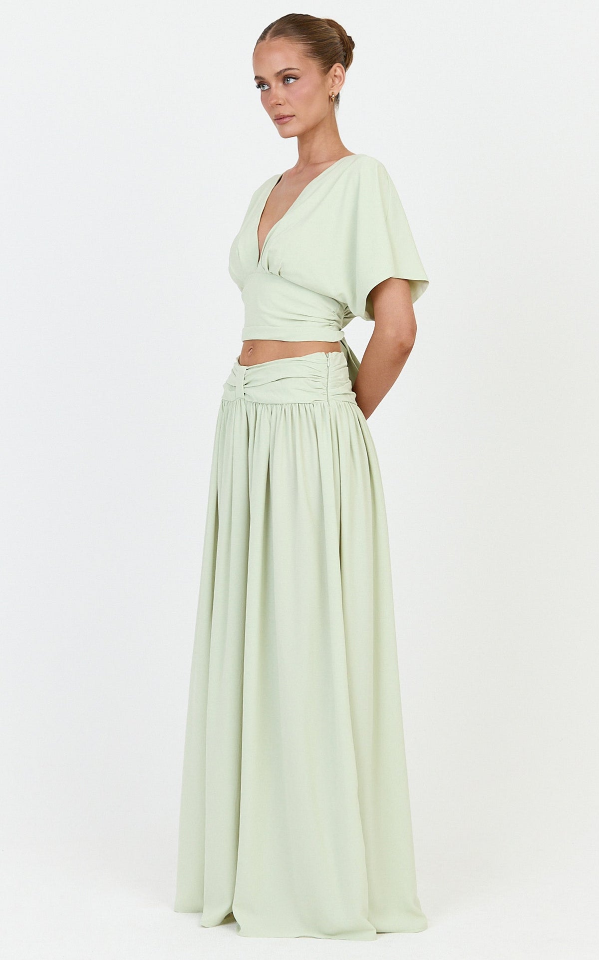 Jade Maxi Skirt - Knot Front Gathered Skirt in Pistachio