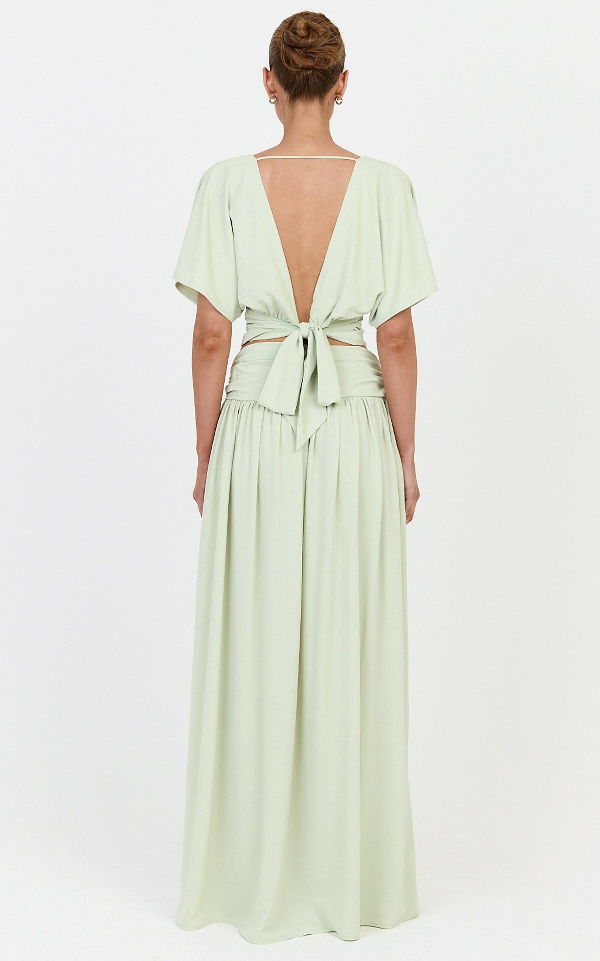 Jade Top - Wide Sleeve Plunge V Neck Tie Back Top in Pistachio