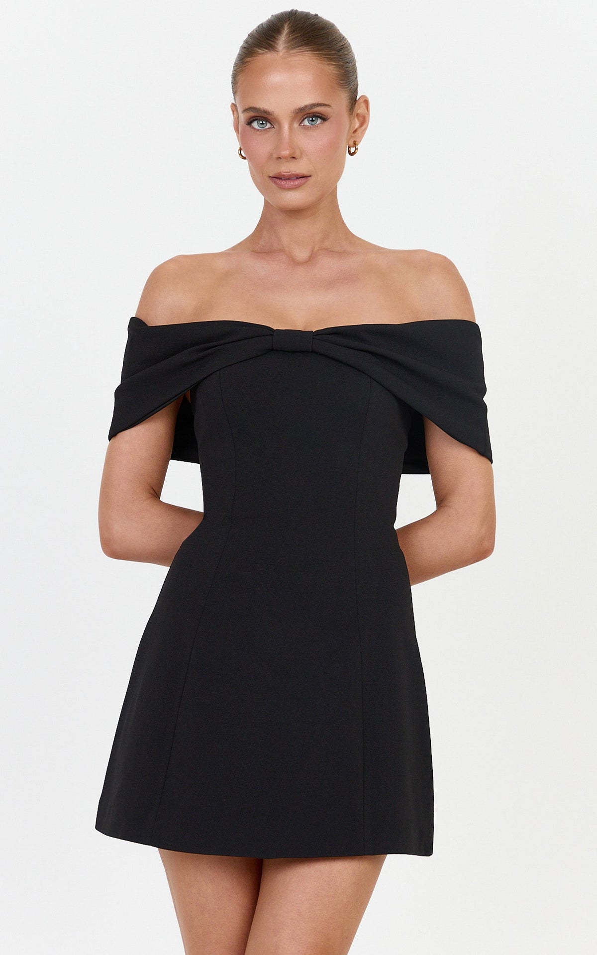 Thalia Mini Dress - Off Shoulder Bow Detail Dress in Black