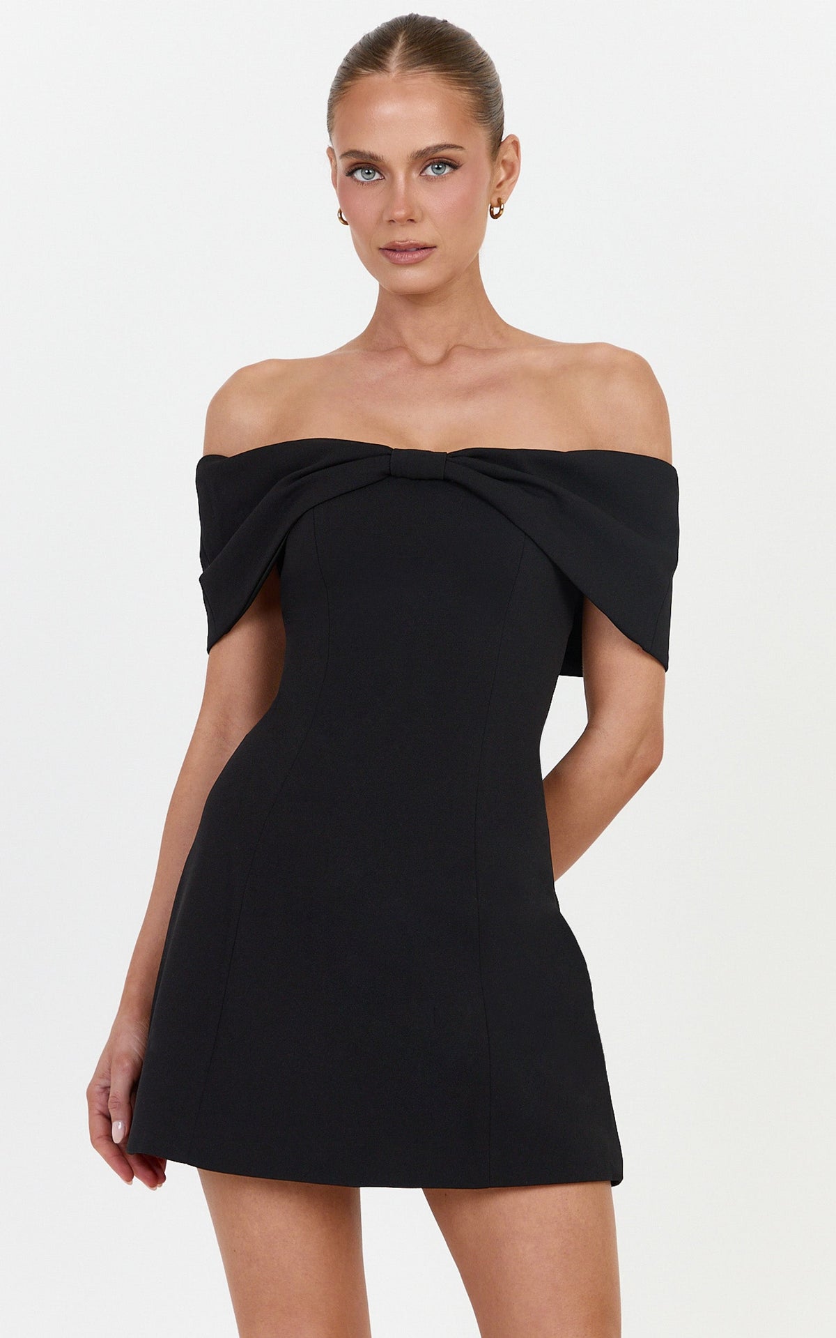 Thalia Mini Dress - Off Shoulder Bow Detail Dress in Black