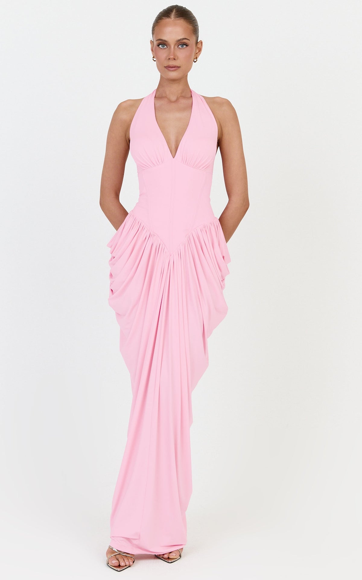 Margaux Maxi Dress - Halter Neck Corset Bodice Draped Dress in Pink