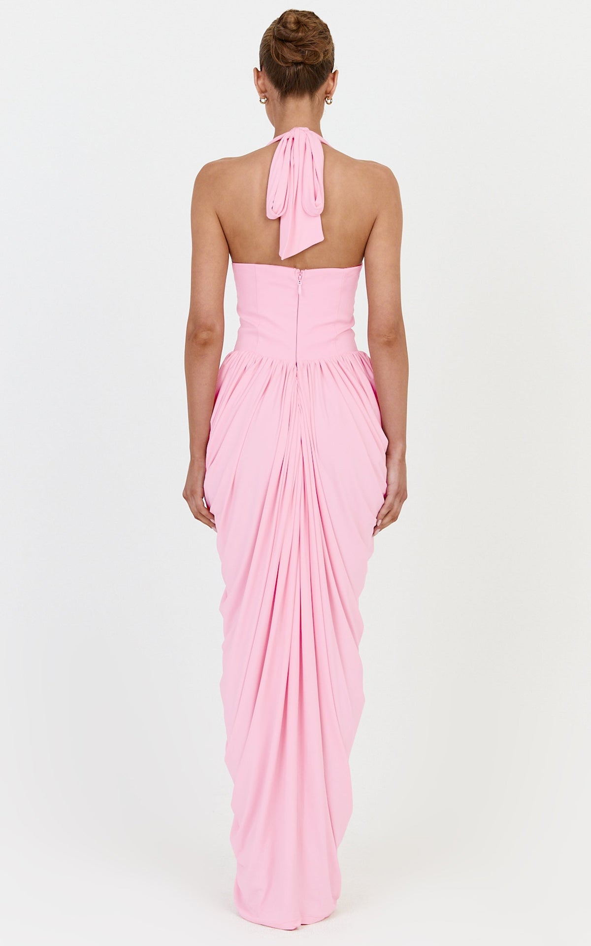 Margaux Maxi Dress - Halter Neck Corset Bodice Draped Dress in Pink