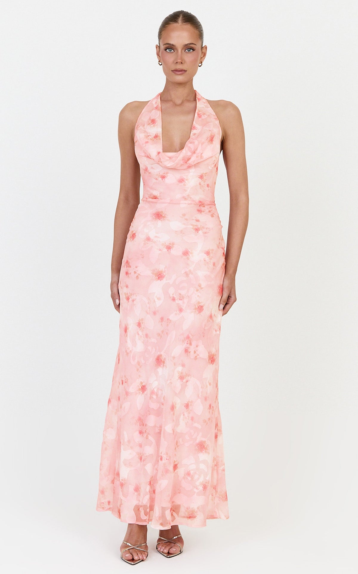 Paloma Maxi Dress - Halter Neck Cowl Dress in Pink Floral
